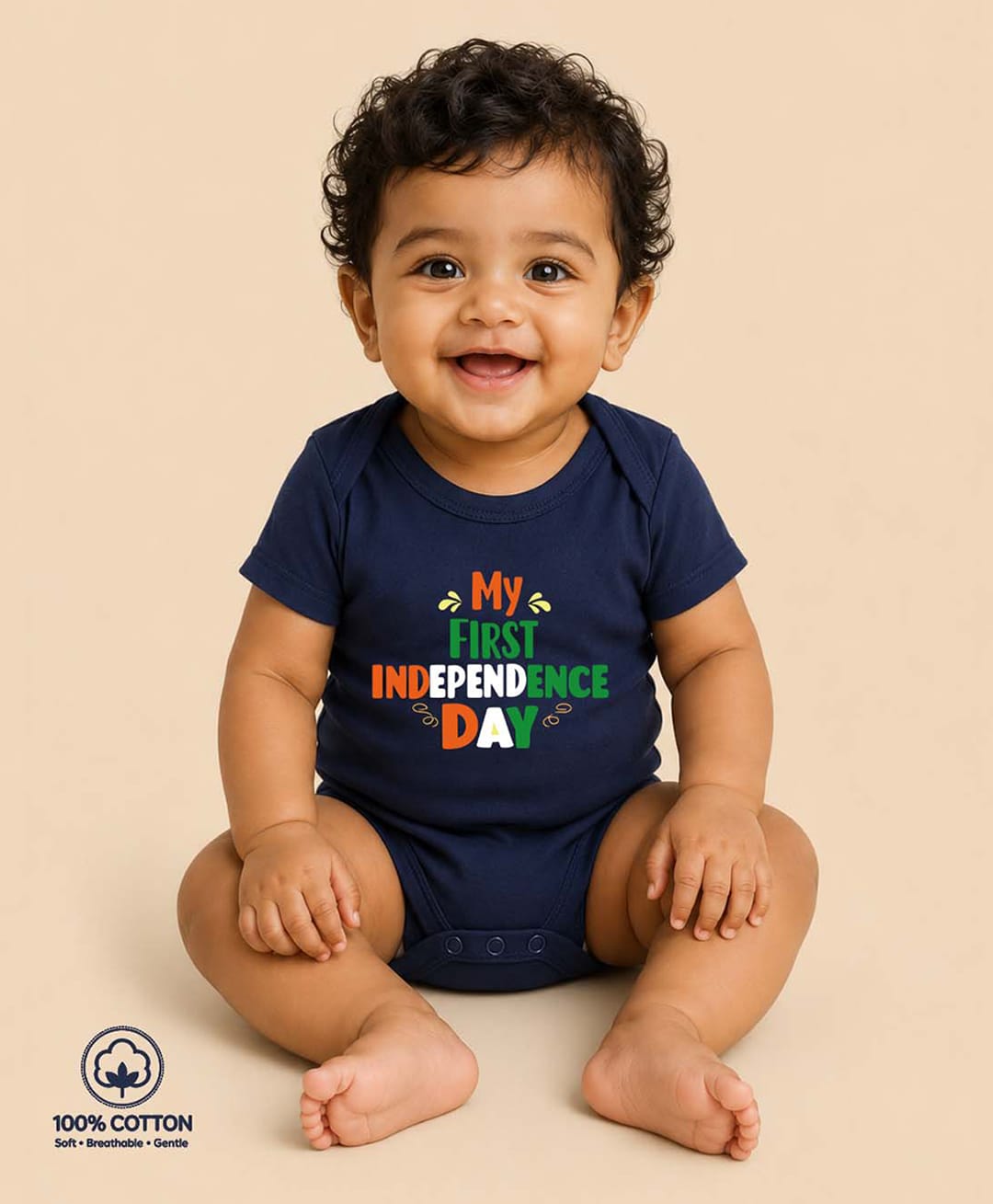 BLUSHES 100% Cotton Knit Independence Day Theme Half Sleeves My First Independence Day Text Printed Onesie - Navy Blue-picture-31