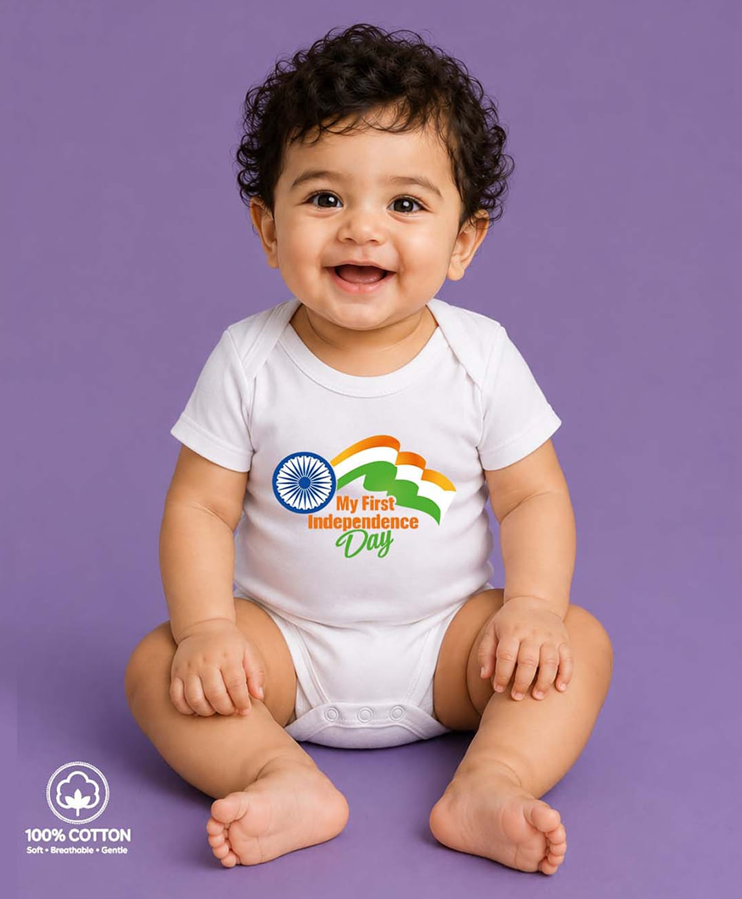 BLUSHES 100% Cotton Knit Independence Day Theme Half Sleeves My First Independence Day Text Printed Onesie - White-image-13