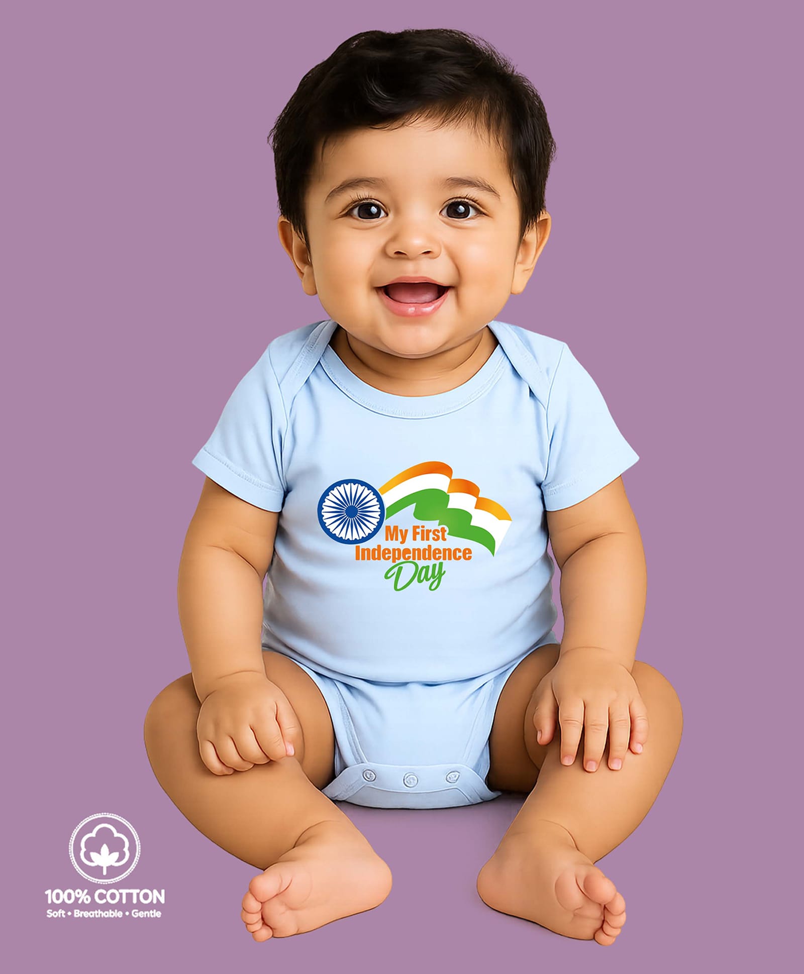 BLUSHES 100% Cotton Knit Independence Day Theme Half Sleeves My First Independence Day Text Printed Onesie - Aqua Blue-picture-41