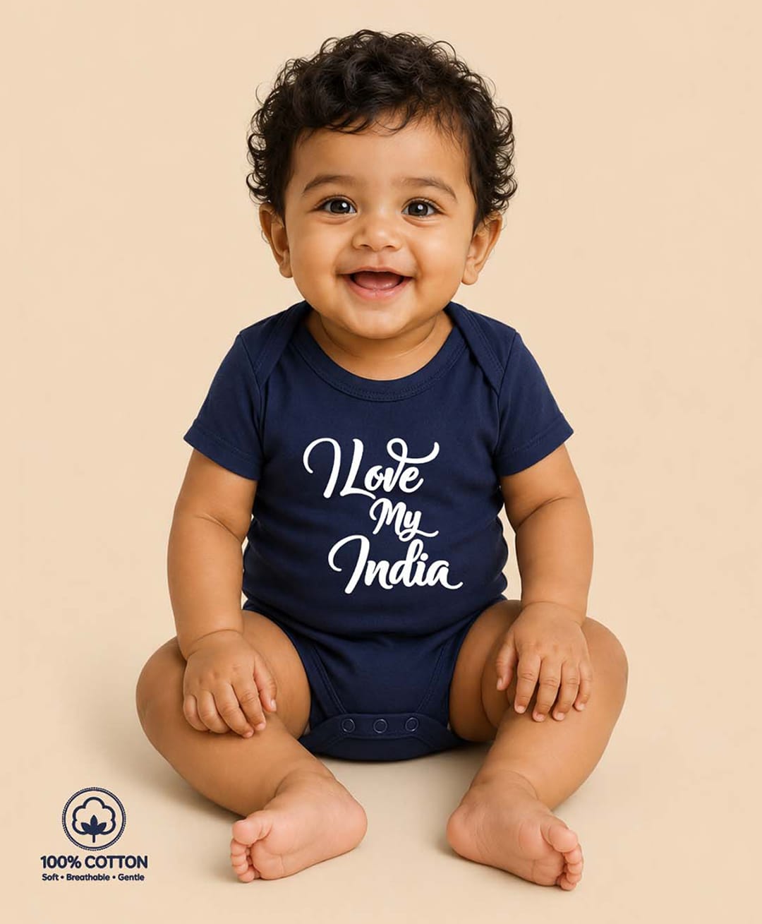 BLUSHES 100% Cotton Knit Independence Day Theme Half Sleeves I Love My India Text Printed Onesie - Navy Blue-picture-17