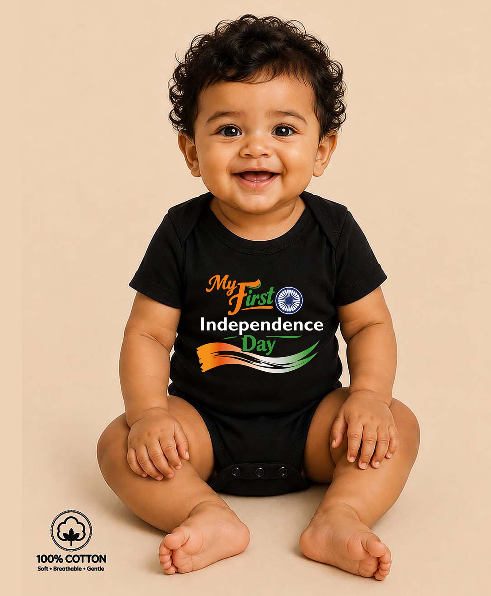 BLUSHES 100% Cotton Knit Independence Day Theme Half Sleeves My First Independence Day Text Printed Onesie - Black-picture-7