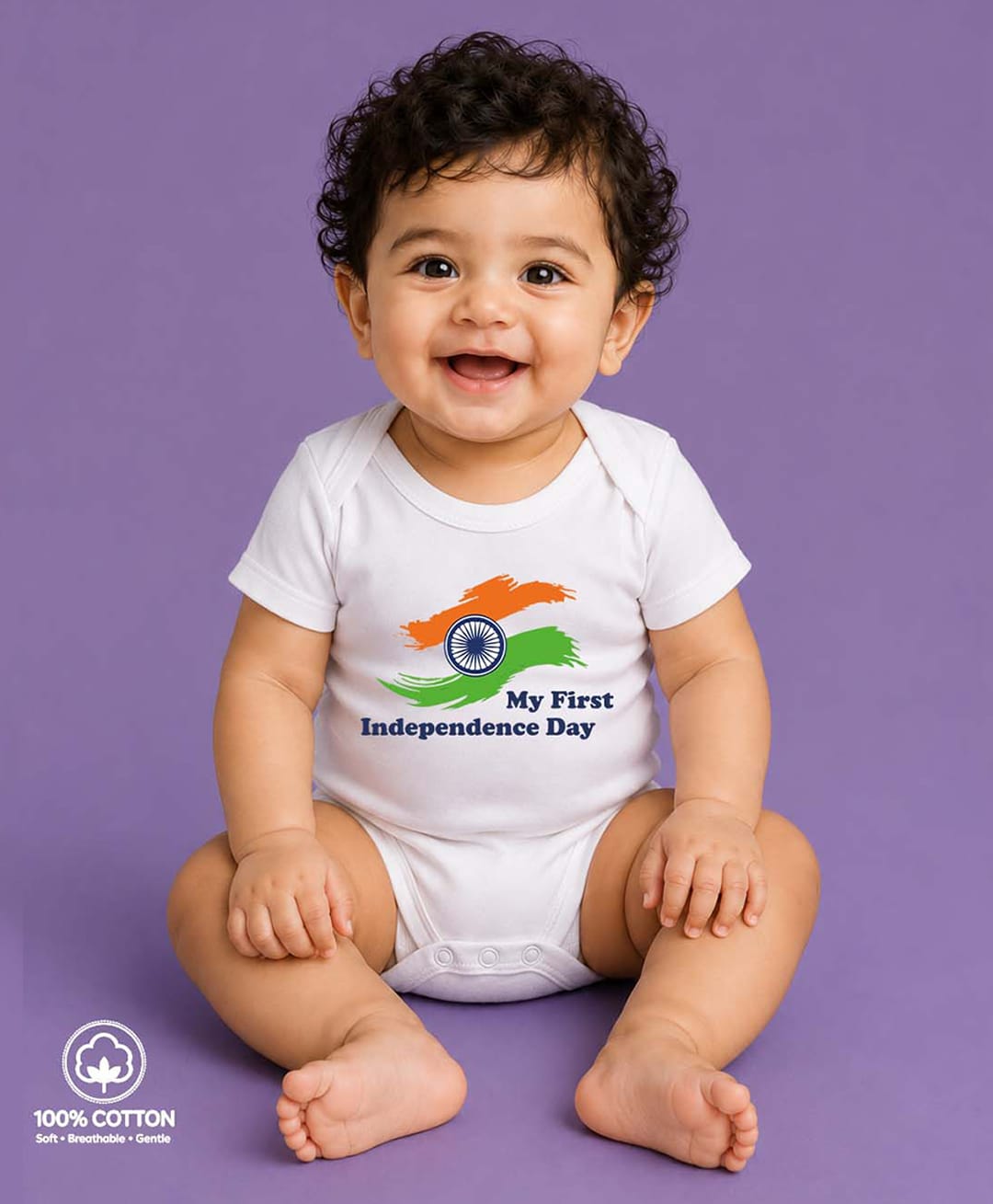 BLUSHES 100% Cotton Knit Independence Day Theme Half Sleeves My First Independence Day Text Printed Onesie - White-picture-26