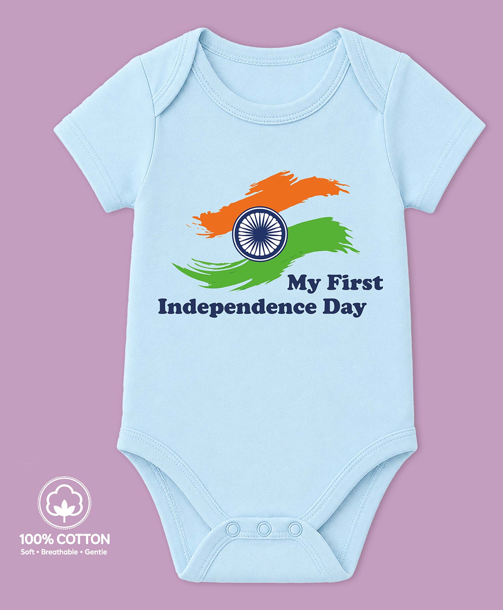 BLUSHES 100% Cotton Knit Independence Day Theme Half Sleeves My First Independence Day Text Printed Onesie - Aqua Blue-picture-25