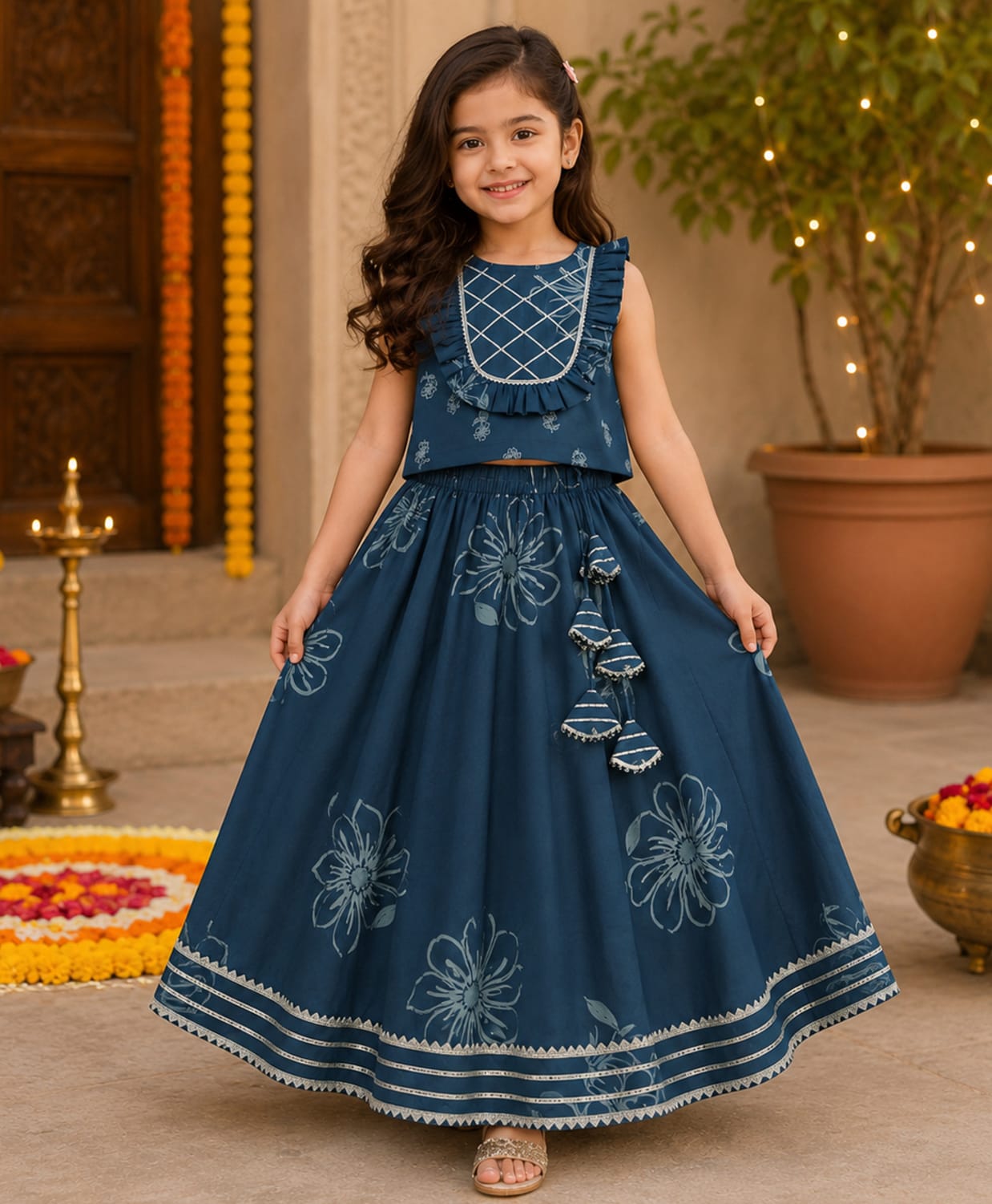 The Magic Wand Cotton Woven Sleeveless Floral Printed Lace & Frill Detailed Lehenga & Choli Set - Navy Blue-image-12
