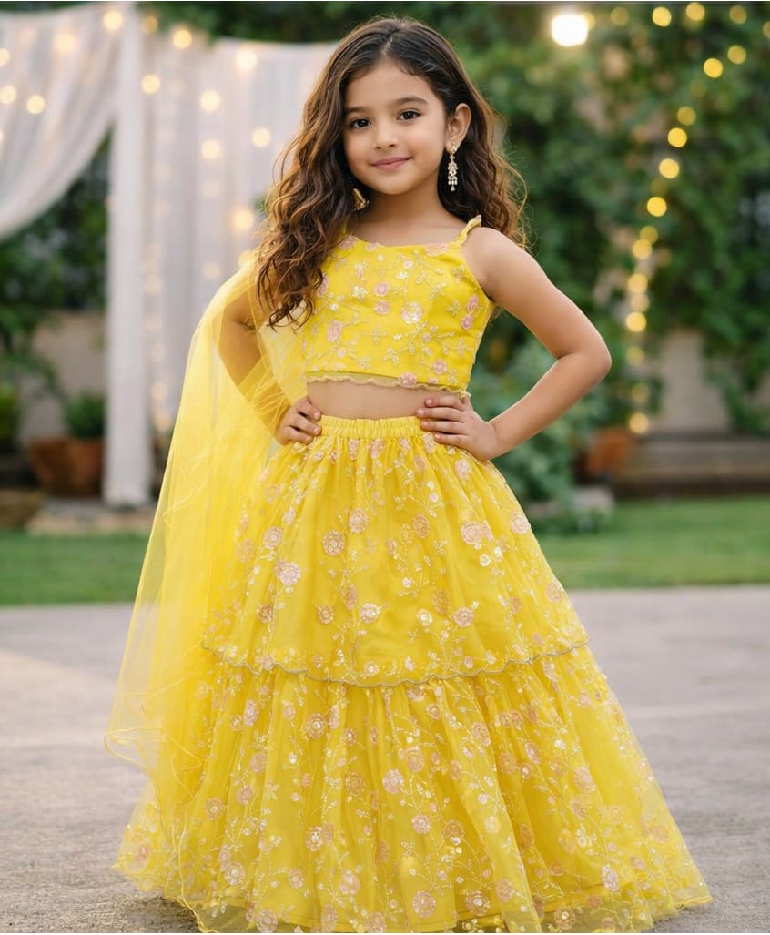 The Magic Wand Woven Sleeveless Floral Designed Sequins Embellished Lehenga & Choli With Dupatta Set - Yellow-image-11