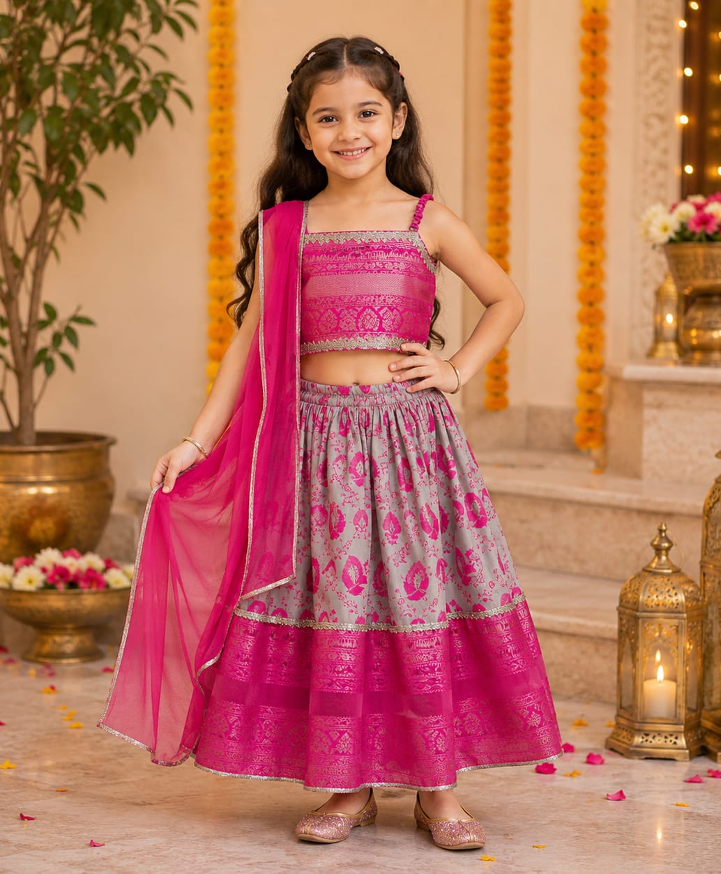 The Magic Wand Woven Sleeveless Floral & Abstract Designed Lace Embellished Lehenga & Choli With Dupatta Set - Fuchsia-picture-11