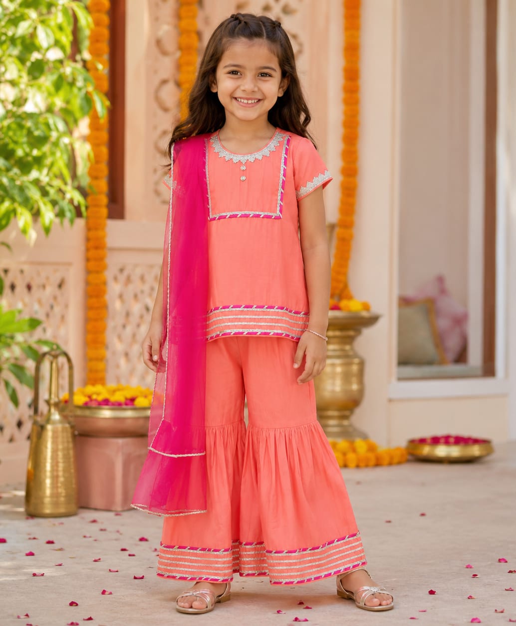 The Magic Wand Woven Half Sleeves Lace Embellished Kurti & Sharara With Dupatta Set - Peach-picture-28