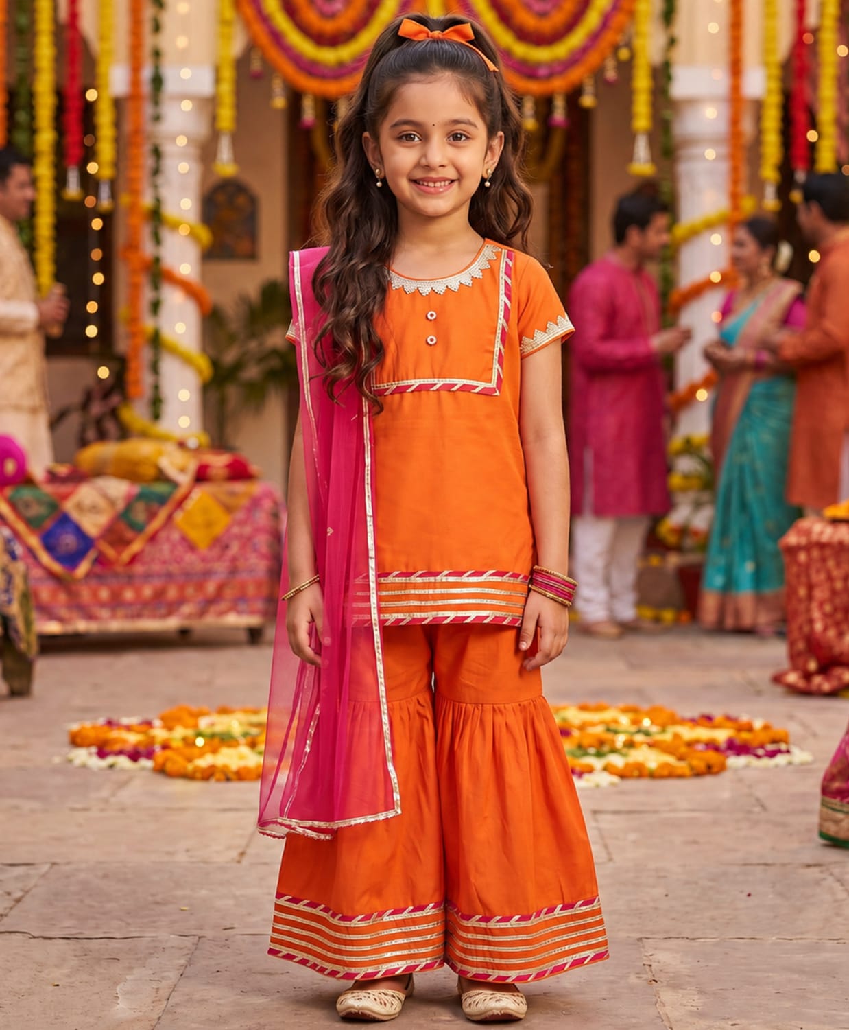 The Magic Wand Woven Half Sleeves Lace Embellished Kurti & Sharara With Dupatta Set - Orange-picture-28