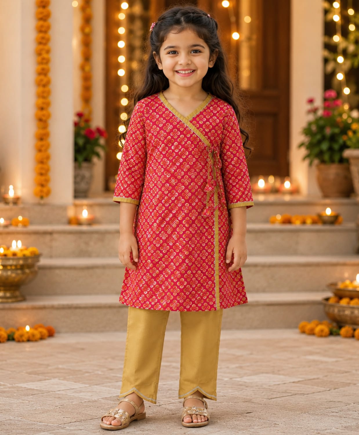 The Magic Wand Woven Three Fourth Sleeves Floral Printed Angarakha Style Kurti & Pants Set - Red-image-31