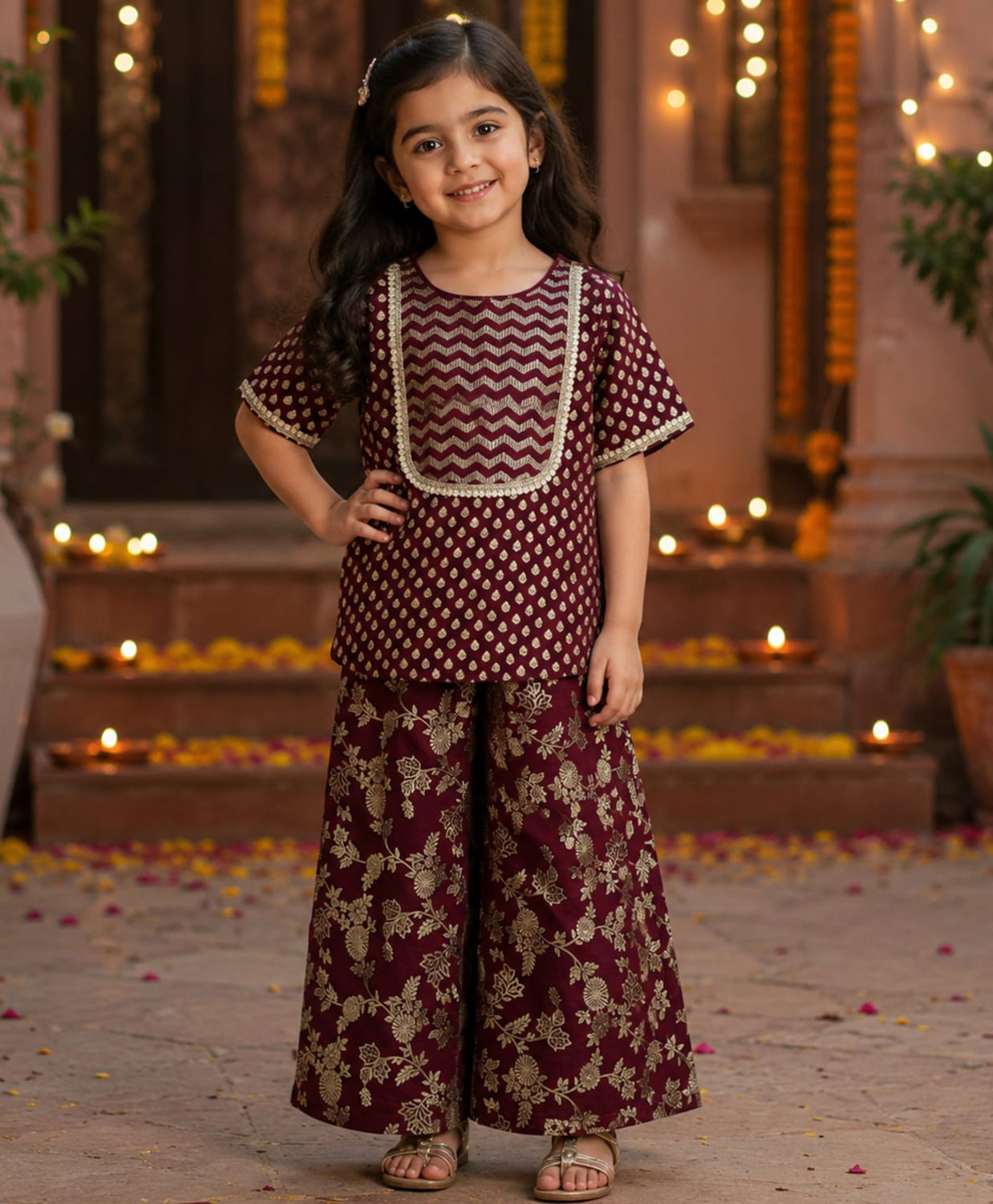 The Magic Wand Woven Half Sleeves Floral Motif Printed Kurti & Palazzo Set - Maroon-image-46