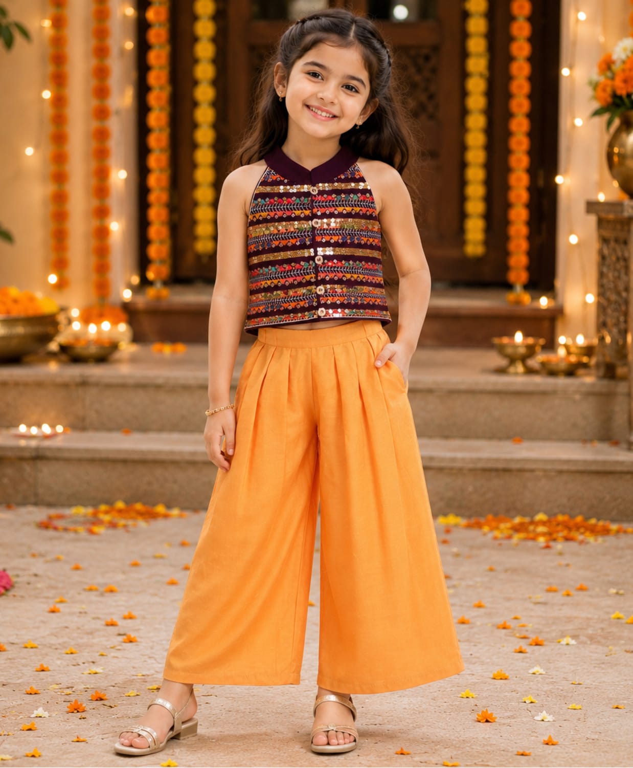 The Magic Wand Woven Sleeveless Sequins Embellished Embroidered Top & Palazzo Set - Orange-picture-21