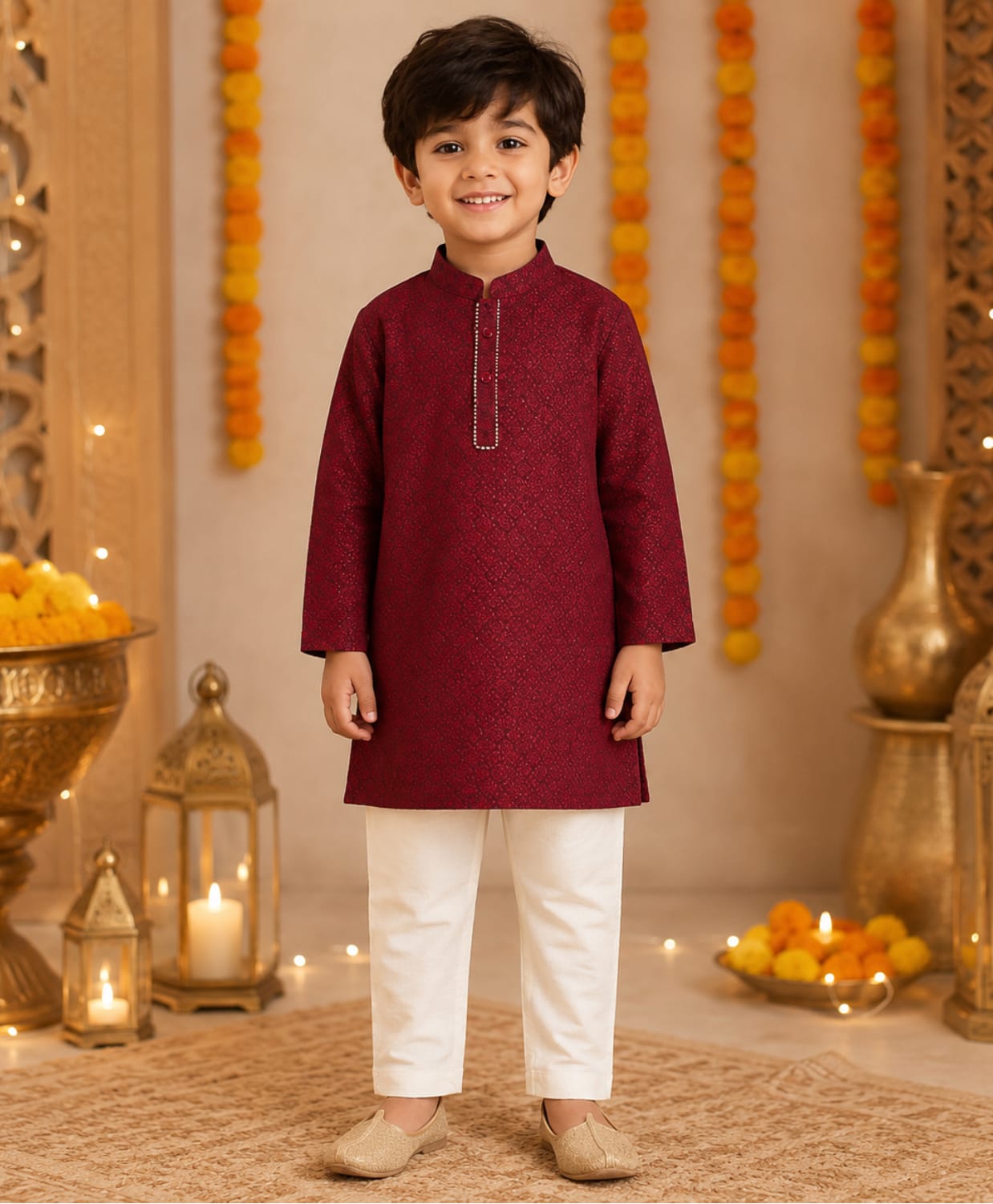 The Magic Wand Woven Full Sleeves Geometric & Floral Embroidered Kurta & Pyjama Set - Maroon-picture-46
