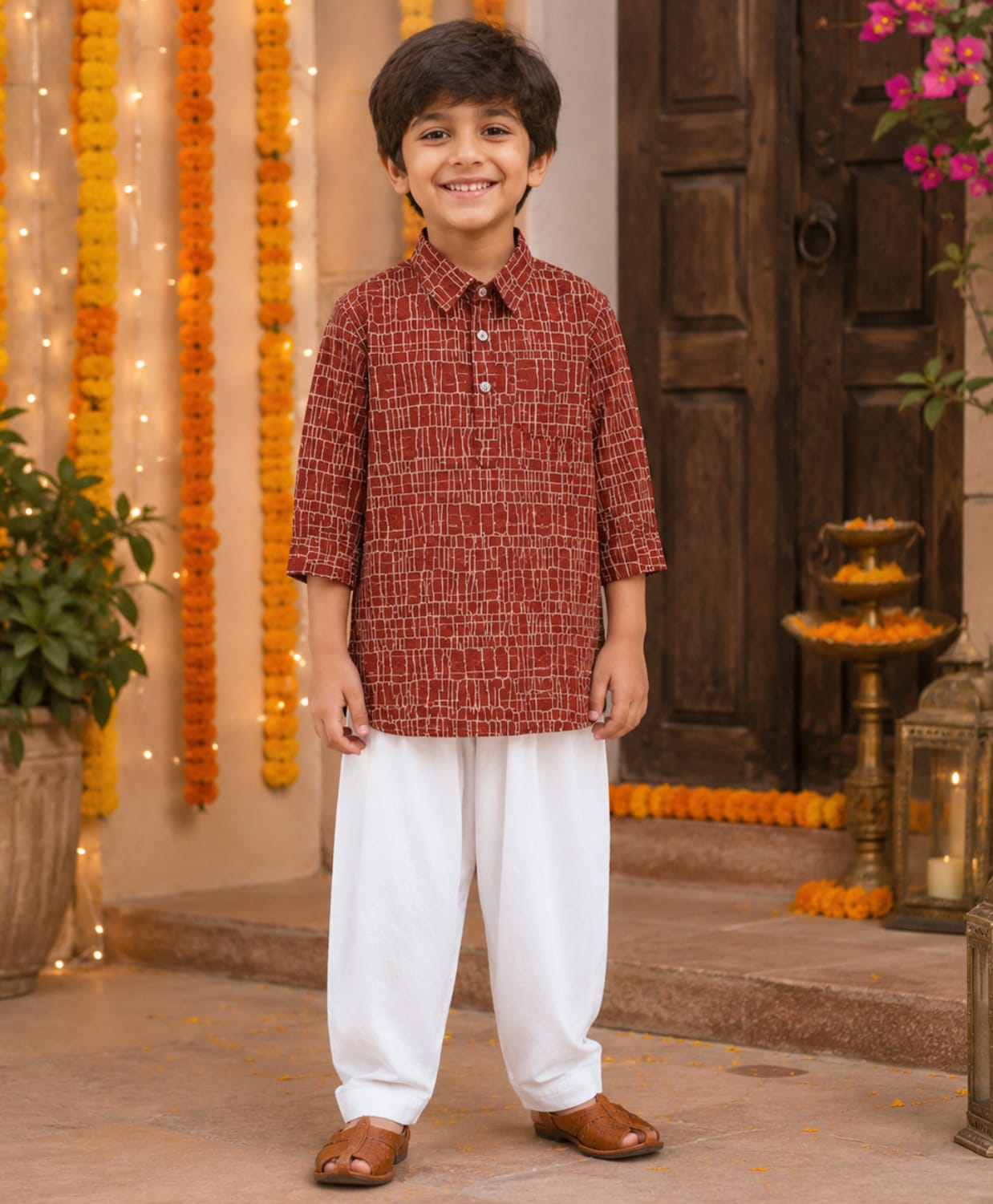 The Magic Wand Cotton Woven Full Sleeves Abstract Printed Pathani Kurta & Pyjama Set - Rust-image-29