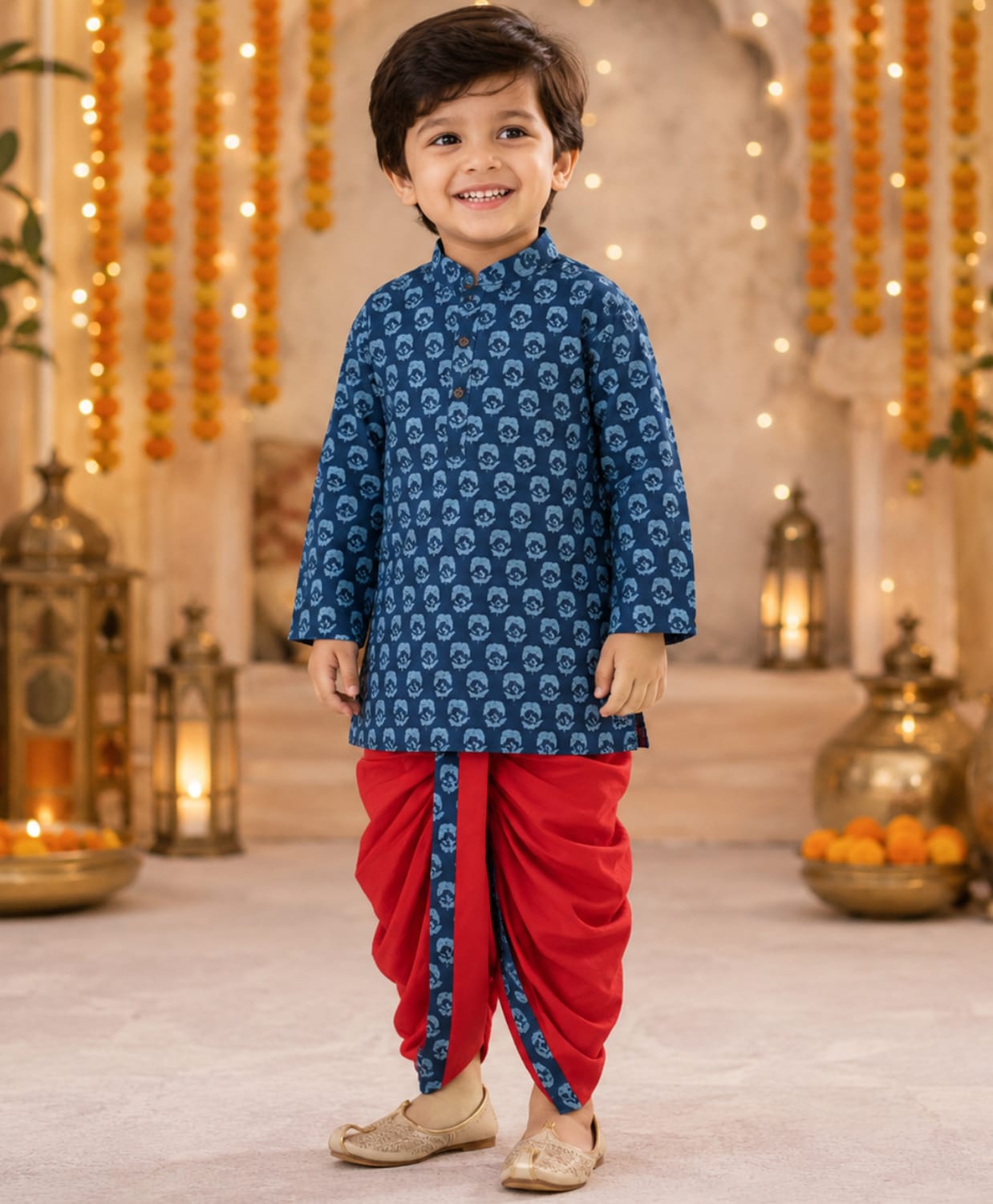 The Magic Wand Cotton Woven Full Sleeves Floral Motif Printed Kurta & Dhoti Set - Navy Blue-picture-32