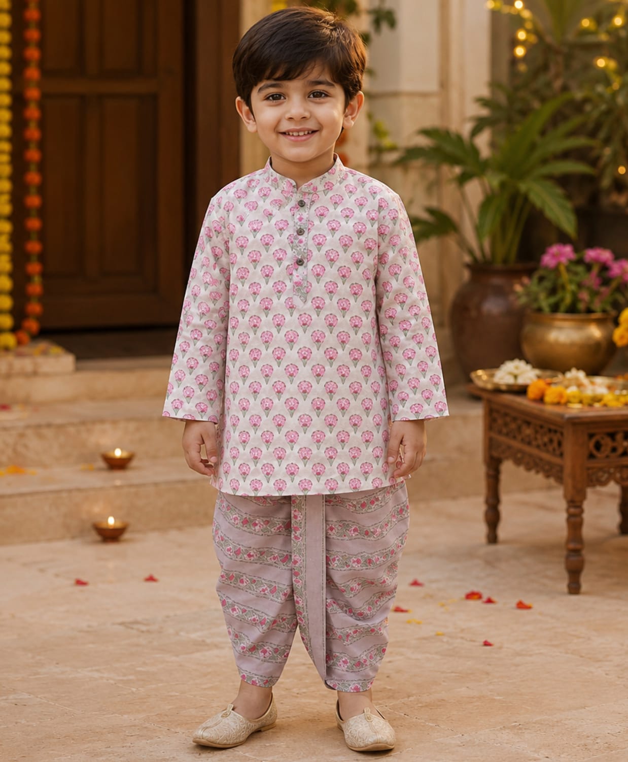 The Magic Wand Cotton Woven Full Sleeves Floral Motif Printed Kurta & Dhoti Set - Pink & White-picture-36