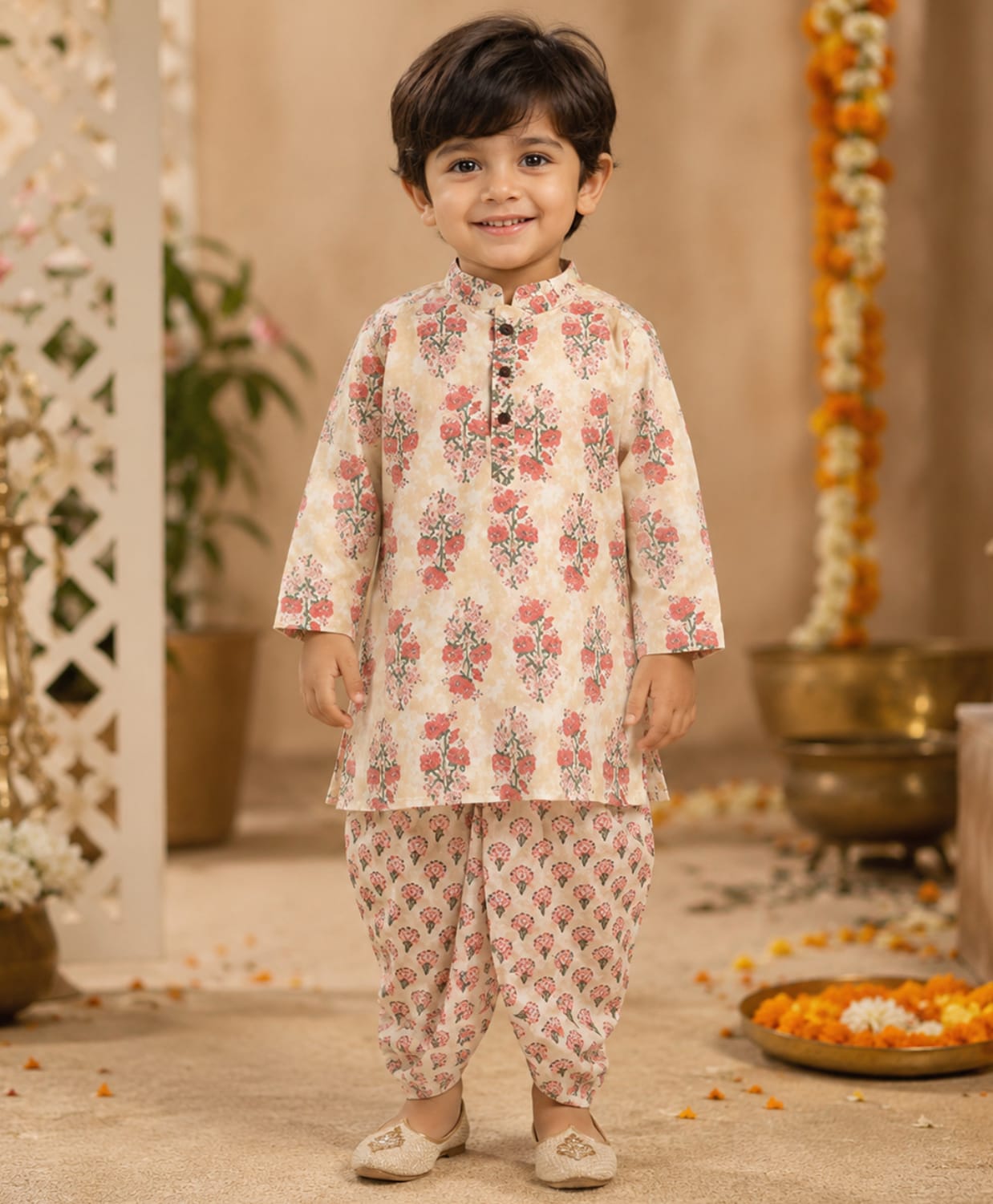 The Magic Wand Cotton Woven Full Sleeves Floral Printed Kurta & Dhoti Set - Peach-picture-36