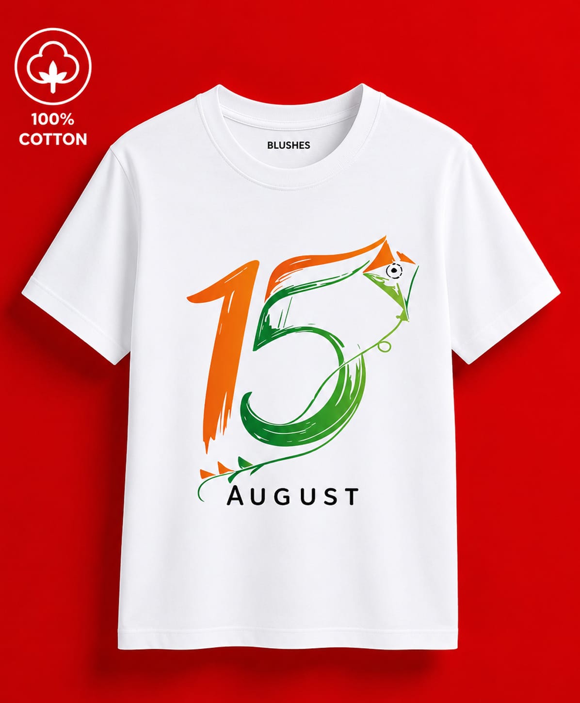 BLUSHES 100% Cotton Knit Independence Day Theme Half Sleeves 15 August Printed Tee - White-picture-22