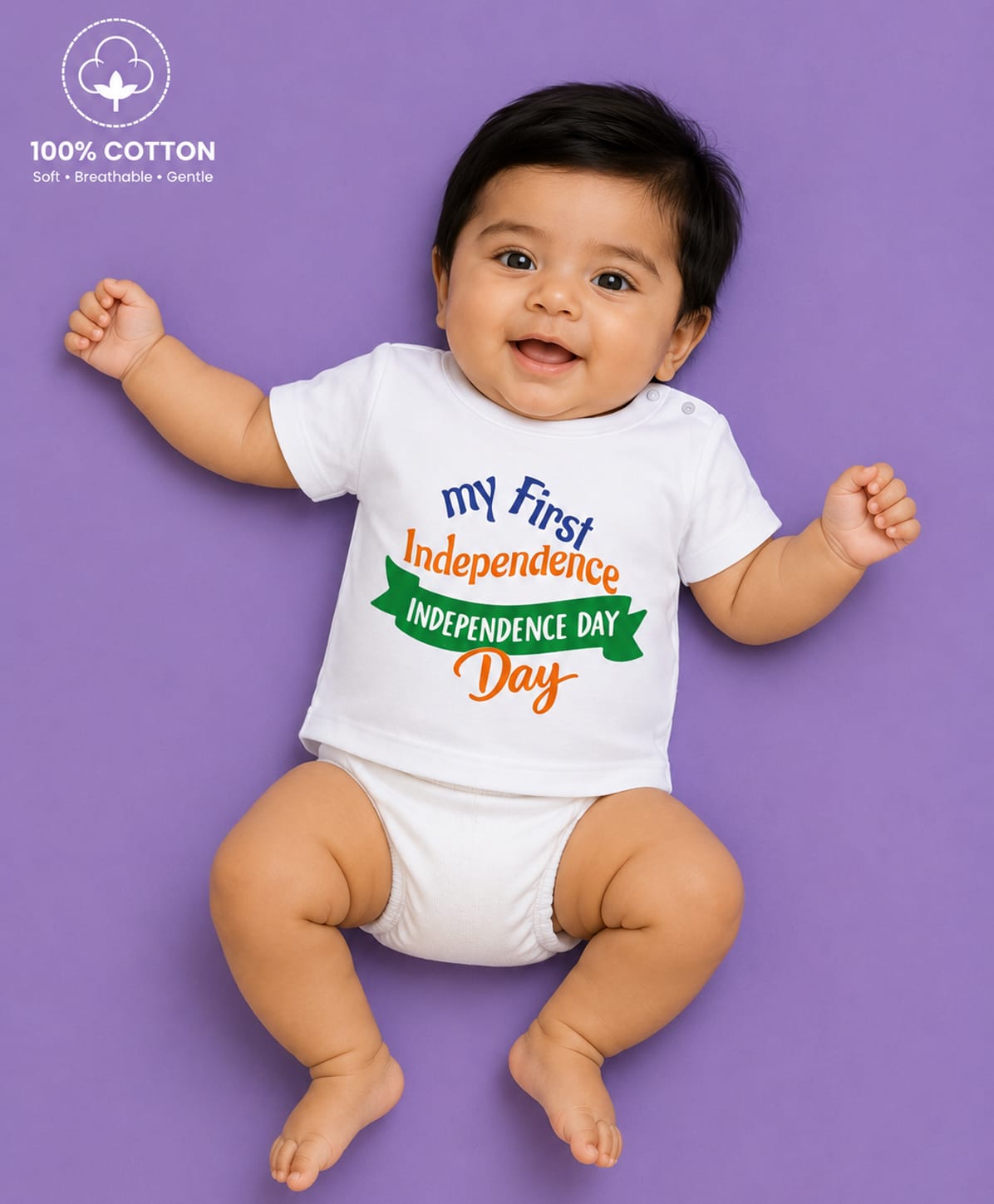 BLUSHES 100% Cotton Knit Independence Day Theme Half Sleeves My First Independence Day Text Printed Tee - White-picture-44