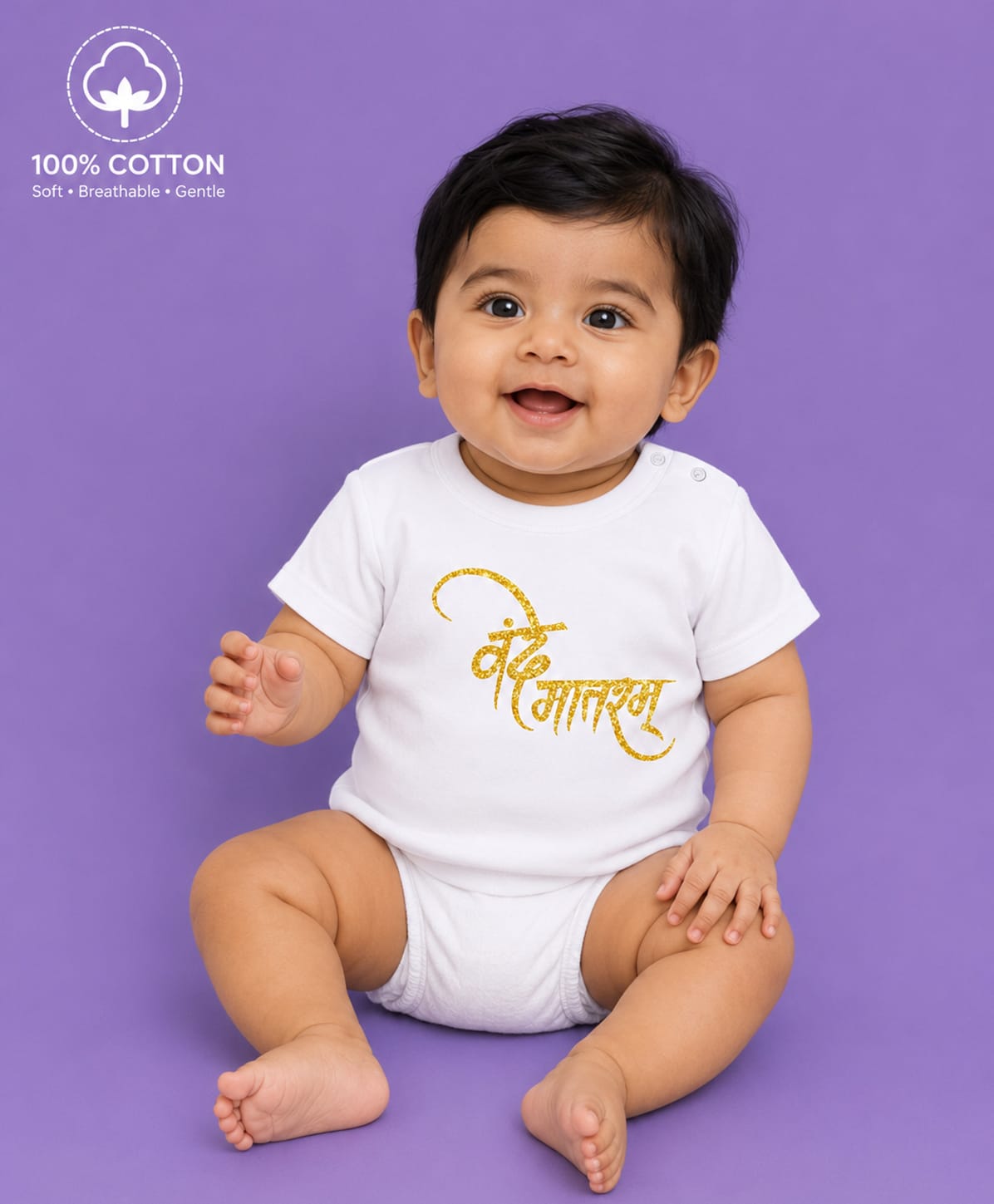 BLUSHES 100% Cotton Knit Independence Day Theme Half Sleeves Vande Mataram Text Printed Tee - White-picture-31