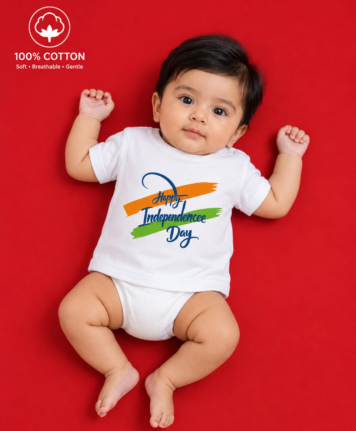 BLUSHES 100% Cotton Knit Independence Day Theme Half Sleeves Happy Independence Day Text Printed Tee - White-picture-39