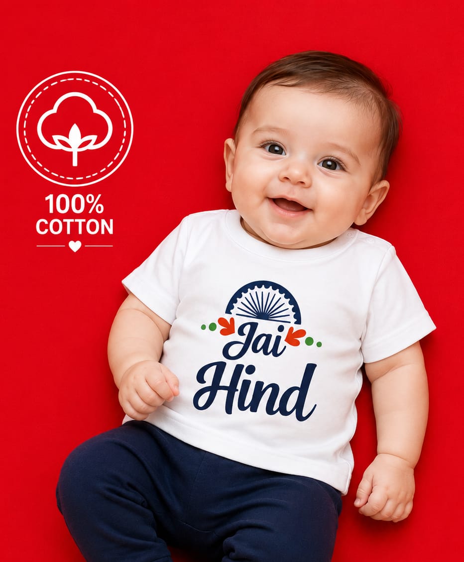 BLUSHES 100% Cotton Knit Independence Day Theme Half Sleeves Jai Hind Text Printed Tee - White-picture-22