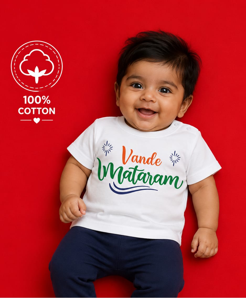 BLUSHES 100% Cotton Knit Independence Day Theme Half Sleeves Vande Mataram Text Printed Tee - White-picture-45