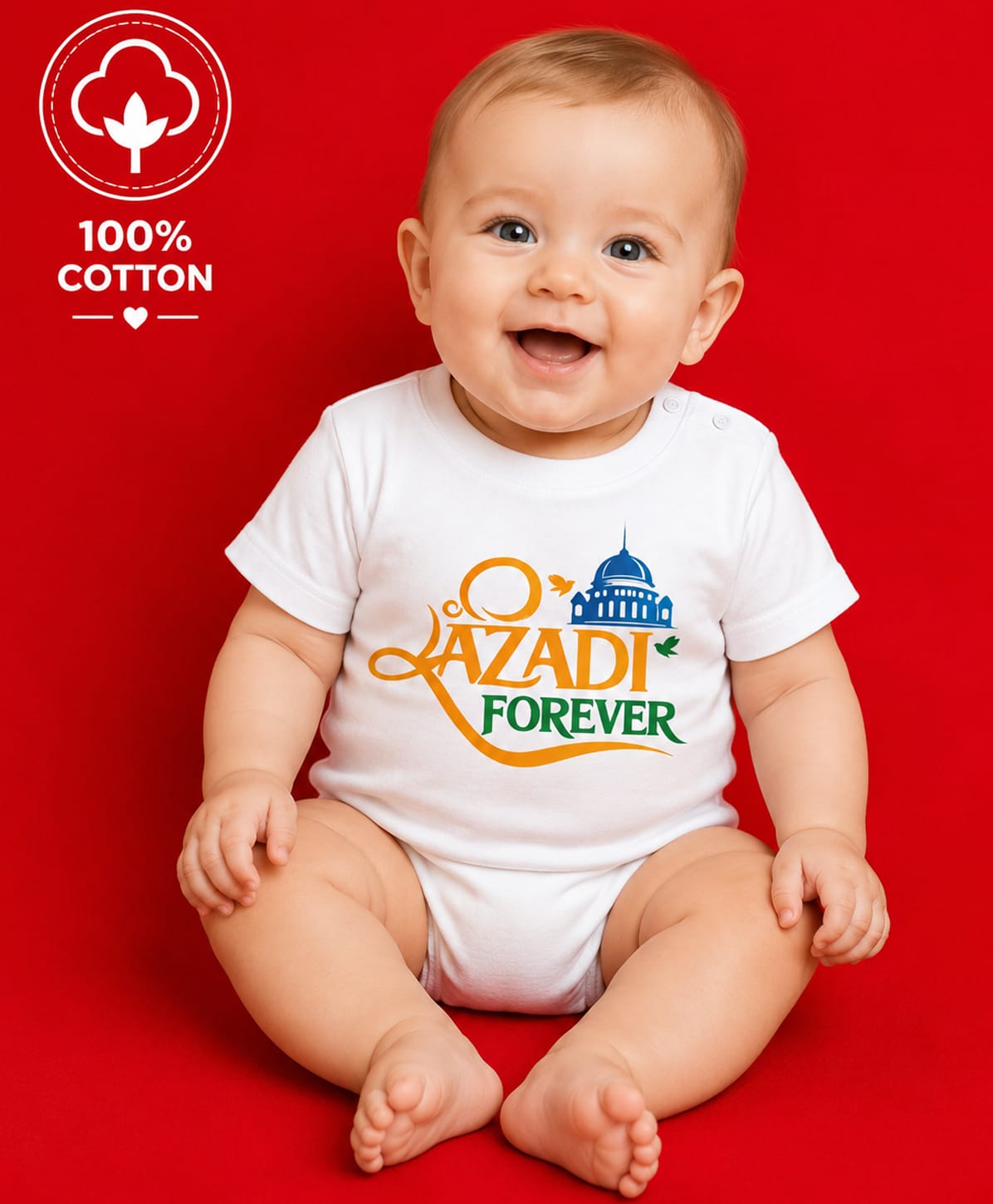 BLUSHES 100% Cotton Knit Independence Day Theme Half Sleeves Azadi Forever Text Printed Tee - White-picture-46