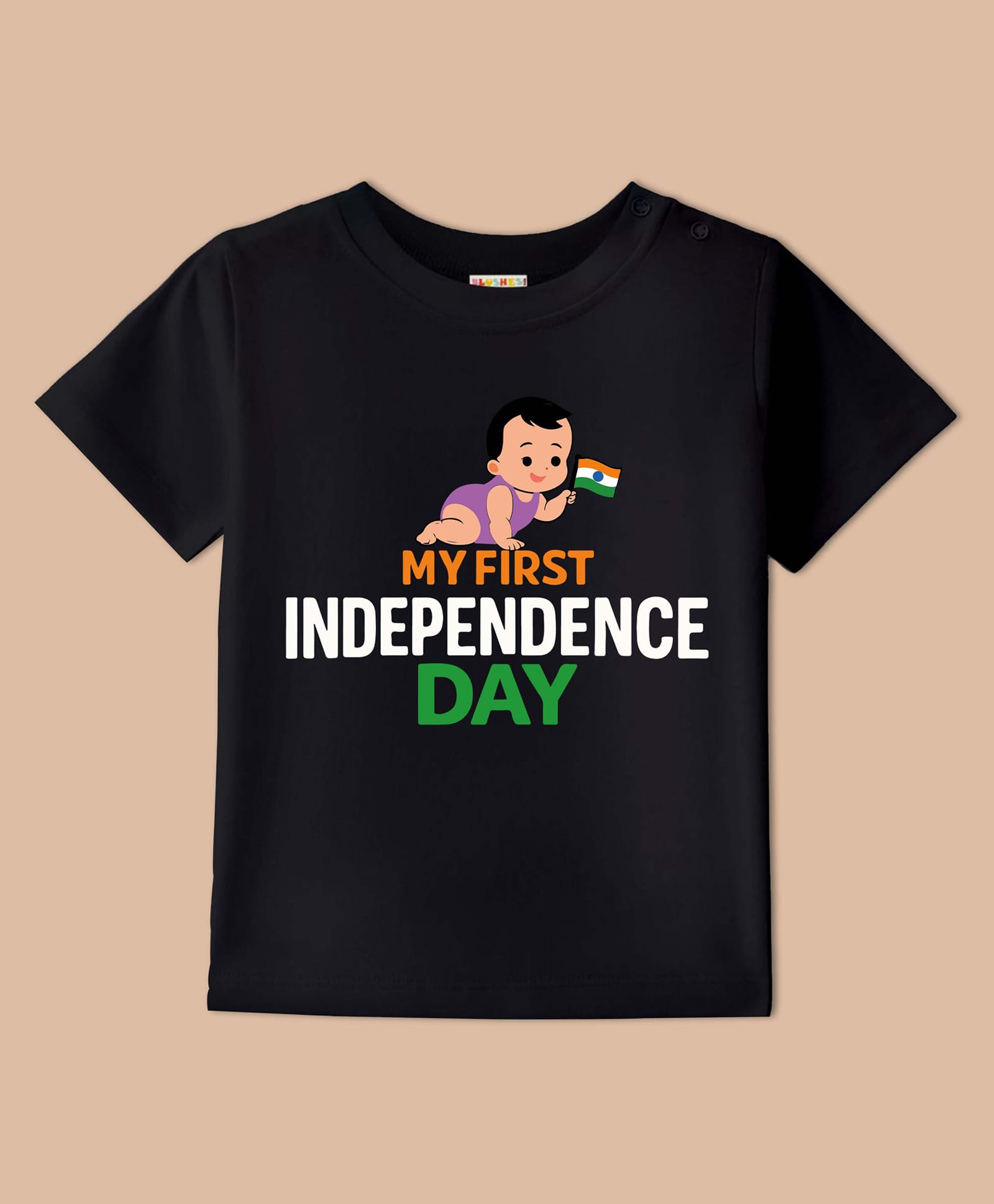 BLUSHES 100% Cotton Knit Independence Day Theme Half Sleeves My First Independence Day Text Printed Tee - Black-picture-5
