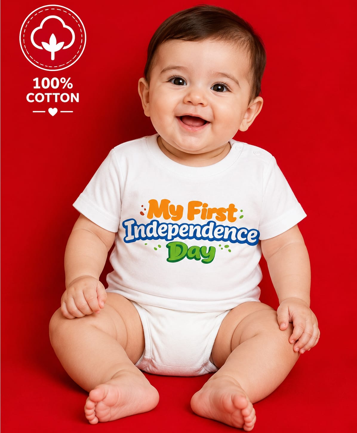 BLUSHES 100% Cotton Knit Independence Day Theme Half Sleeves My First Independence Day Text Printed Tee - White-picture-43
