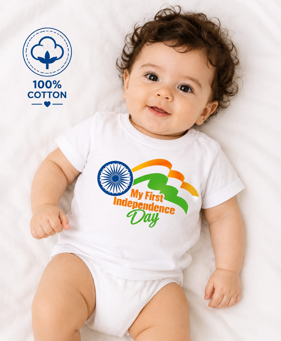 BLUSHES 100% Cotton Knit Independence Day Theme Half Sleeves My First Independence Day Text Printed Tee - White-picture-29