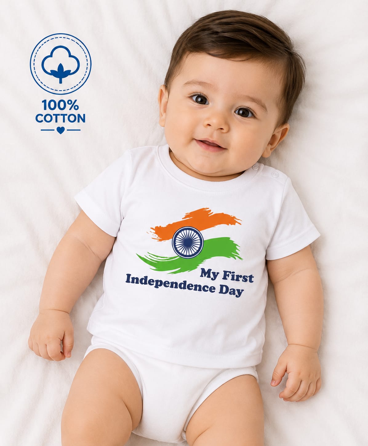 BLUSHES 100% Cotton Knit Independence Day Theme Half Sleeves My First Independence Day Text Printed Tee - White-picture-33