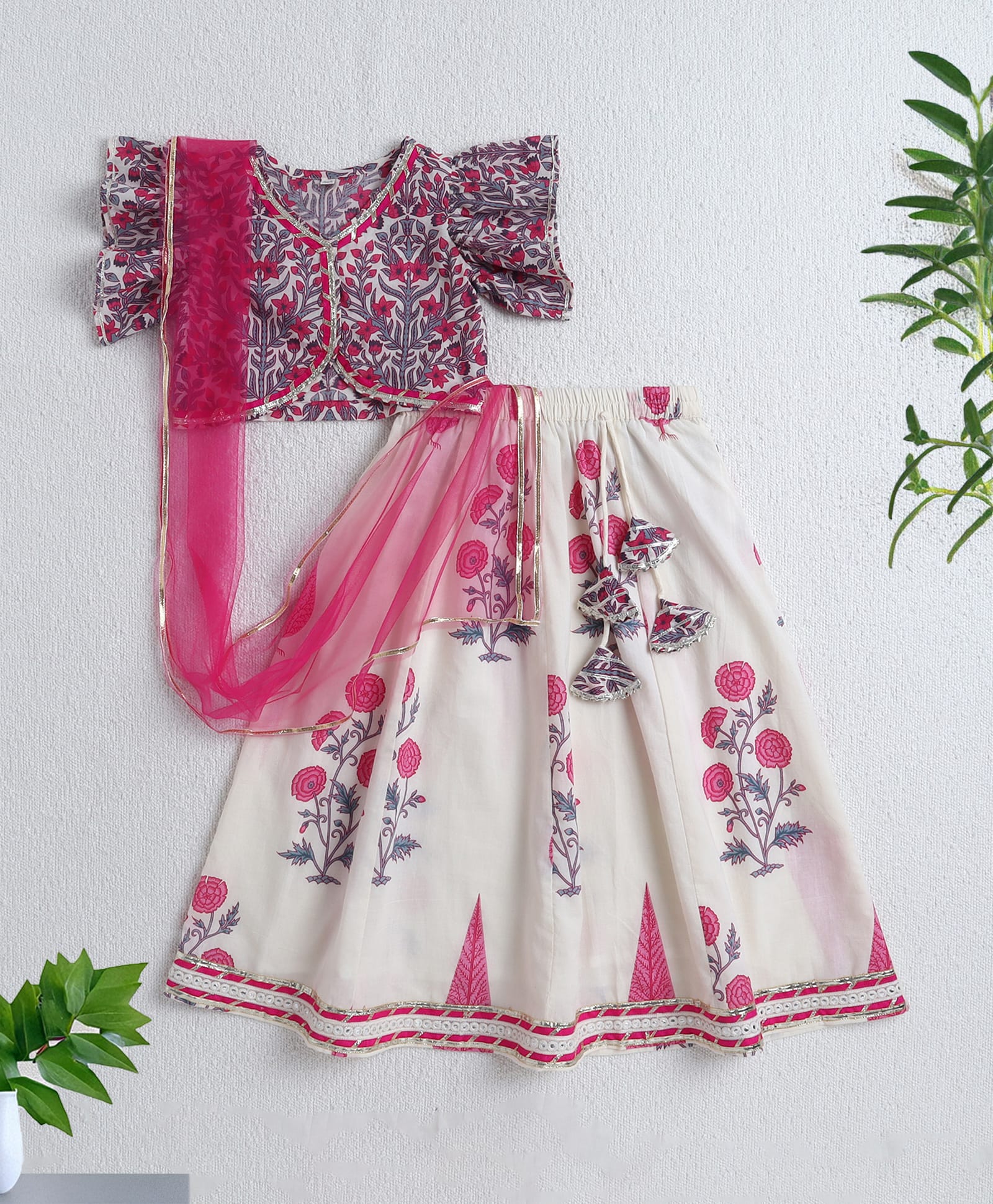 The Magic Wand Cotton Woven Half Ruffle Sleeves Floral Printed Lehenga & Choli With Dupatta Set - Fuchsia-picture-41