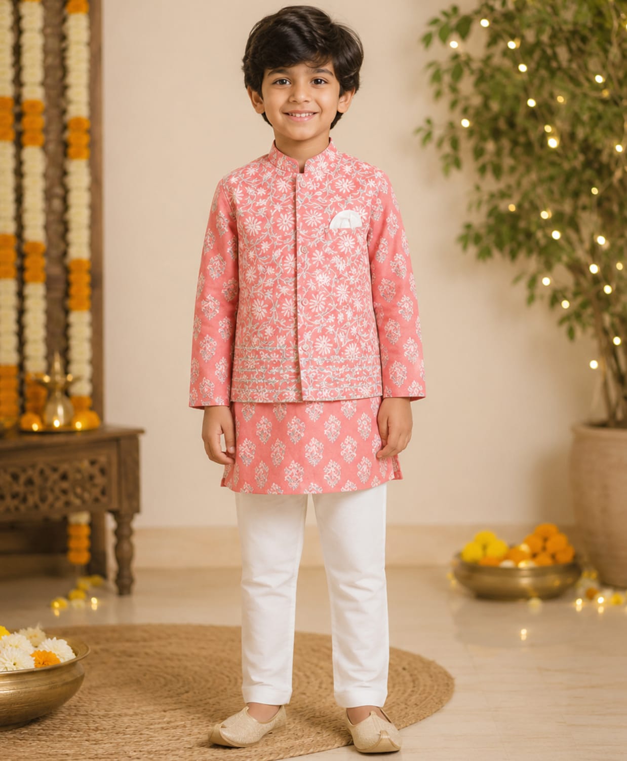 The Magic Wand Cotton Woven Full Sleeves Floral Printed Kurta & Pyjama With Jacket Set - Peach-image-22