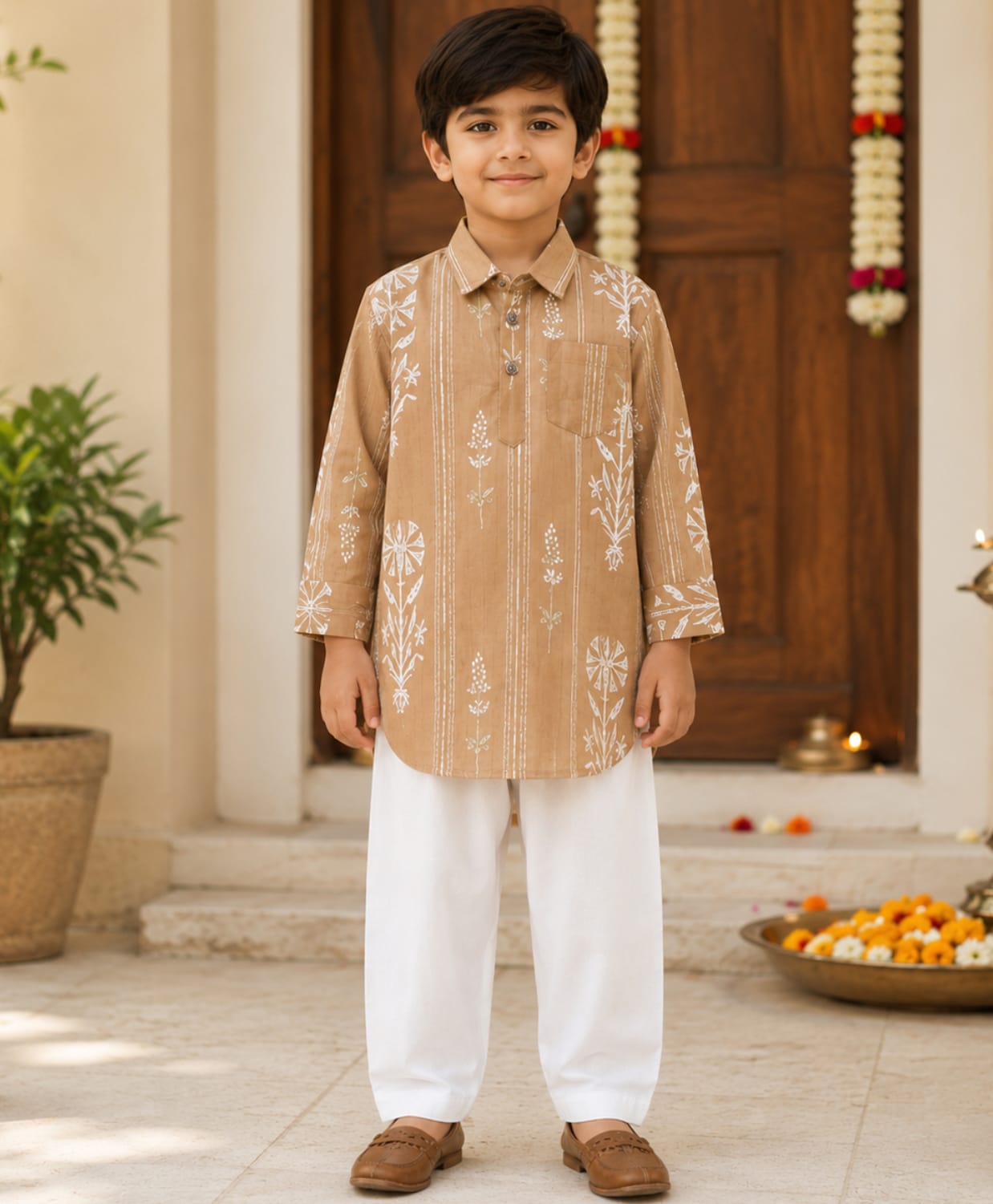 The Magic Wand Cotton Woven Full Sleeves Floral Printed Pathani Kurta & Pyjama Set - Mustard-image-8