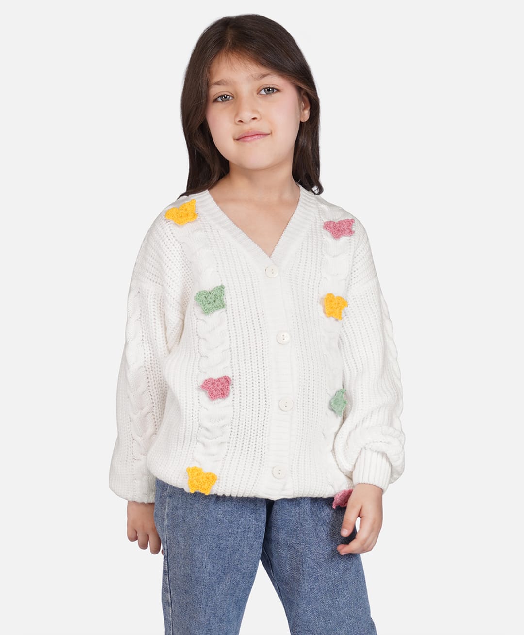 JoE Hazel Knit Full Sleeves Butterfly Designed Cardigan - White-image-7