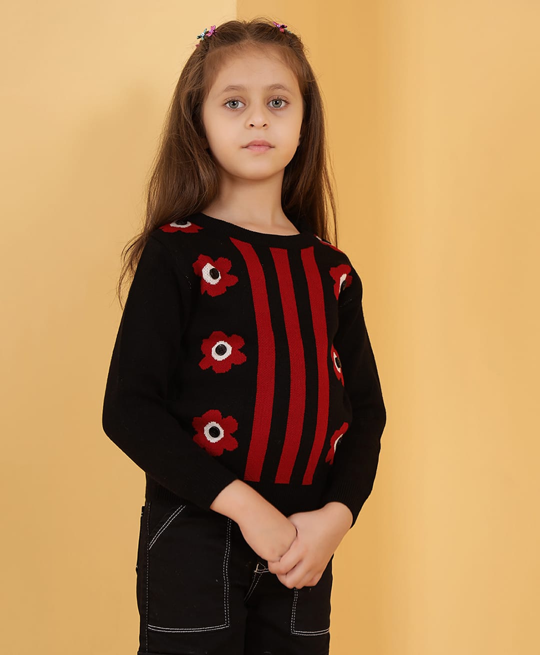 JoE Hazel Knit Full Sleeves Striped & Floral Designed Sweater - Black-image-43