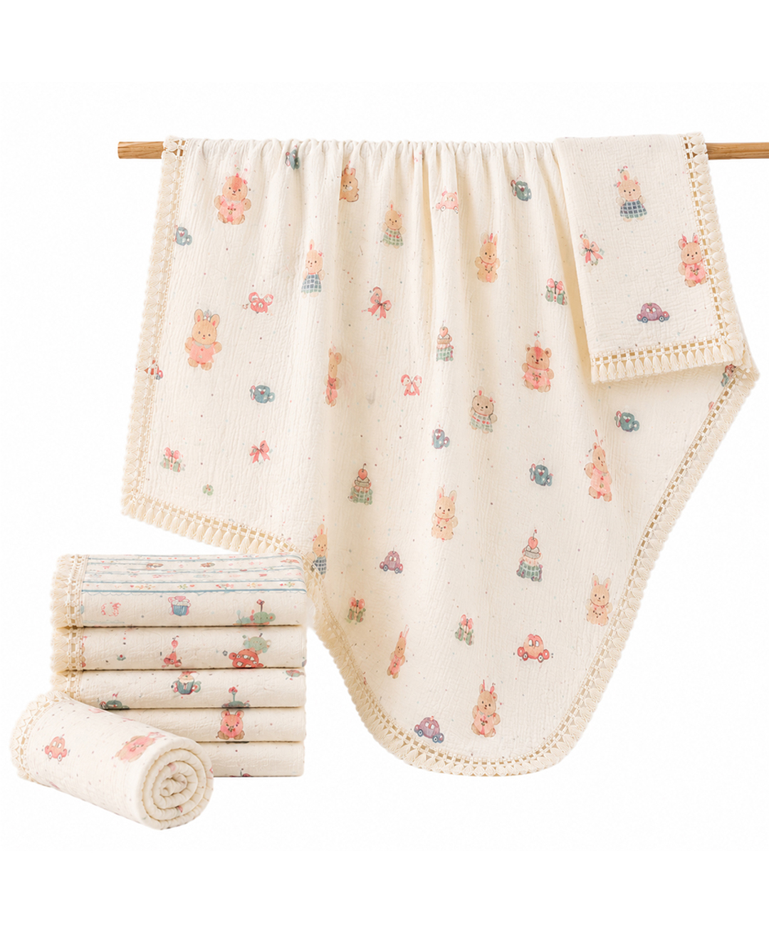 Teri Beri Premium Muslin Cotton Baby Blanket with Tassel Fringe Ultra Soft & Breathable Receiving Blanket for Newborn, Infants & Toddlers Lightweight All Season (Print May Vary) 100 x 100 cm-image-43