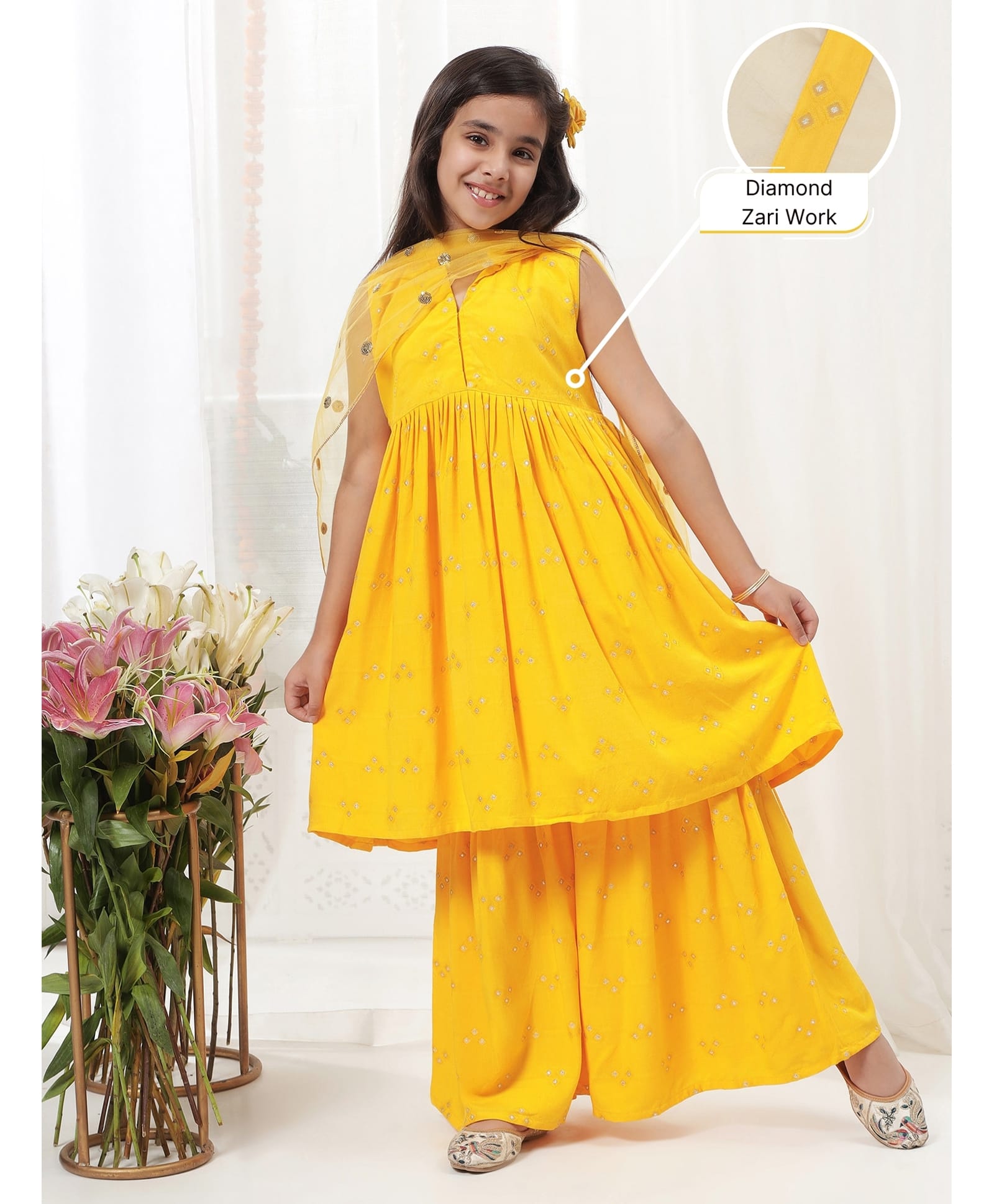 Little Bansi Pure Cotton Woven Sleeveless Geometric Zari Work Kurti & Sharara With Dupatta - Yellow-picture-33