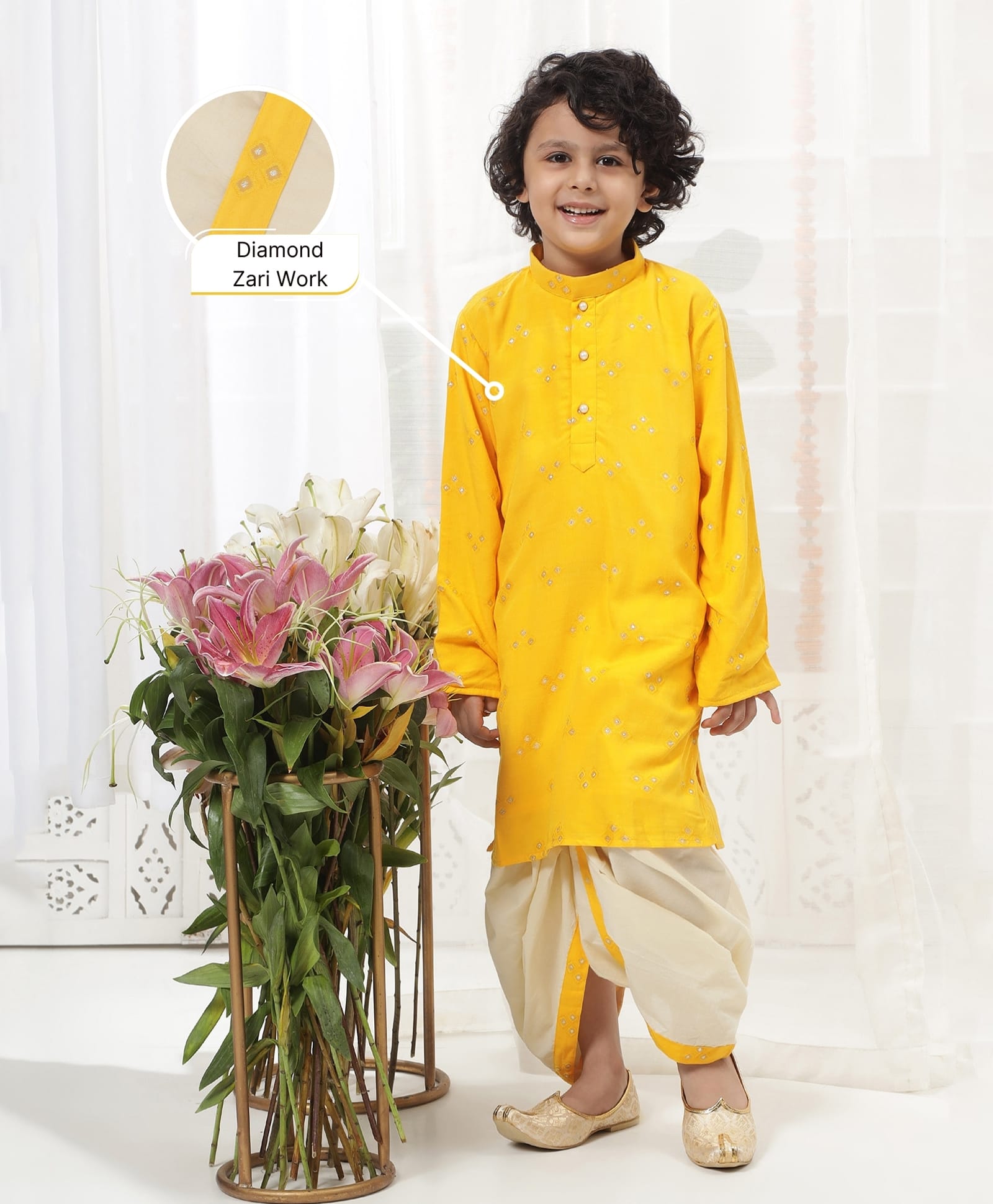Little Bansi Pure Cotton Woven Full Sleeves Geometric Zari Work Kurta & Dhoti Set - Yellow-picture-26