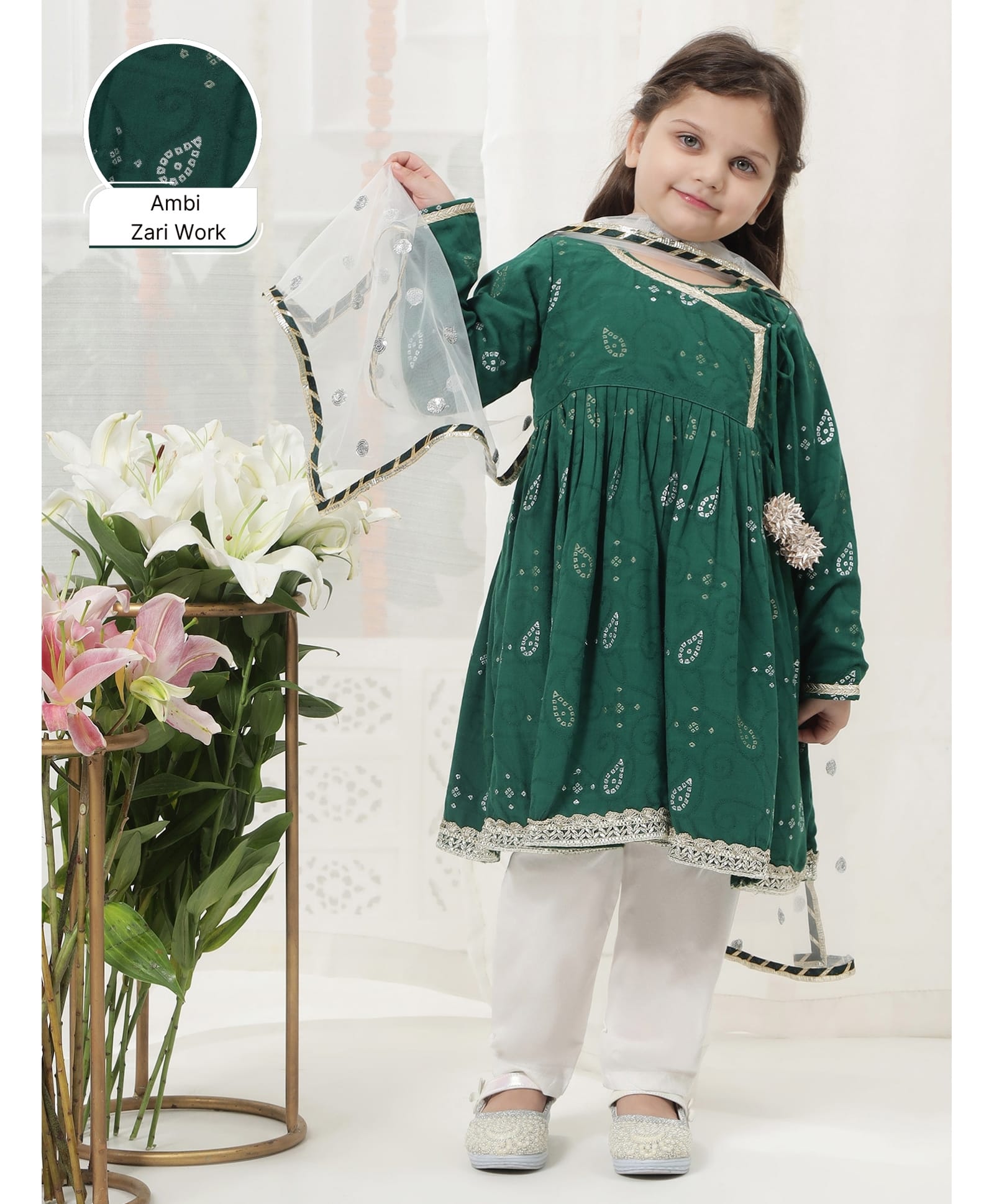 Little Bansi Pure Cotton Woven Full Sleeves Leaves Embroidered Angrakha Style Kurti & Pyjama With Dupatta Set - Green-picture-26