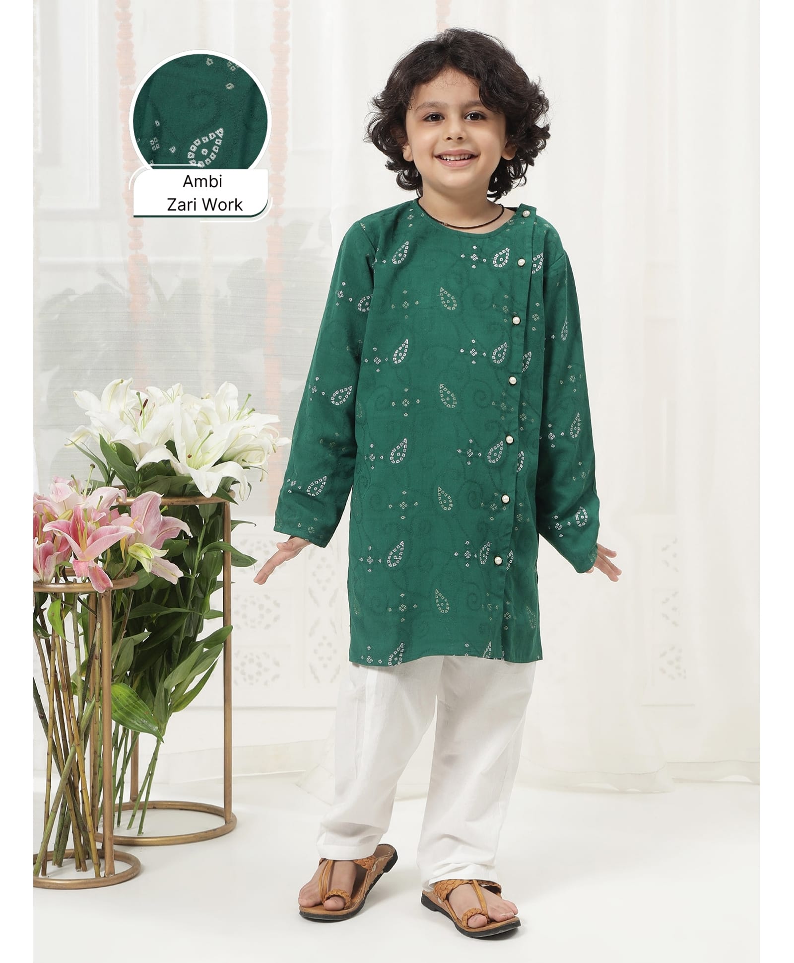 Little Bansi Pure Cotton Woven Full Sleeves Leaves Embroidered Kurta & Pyjama Set - Green-picture-3