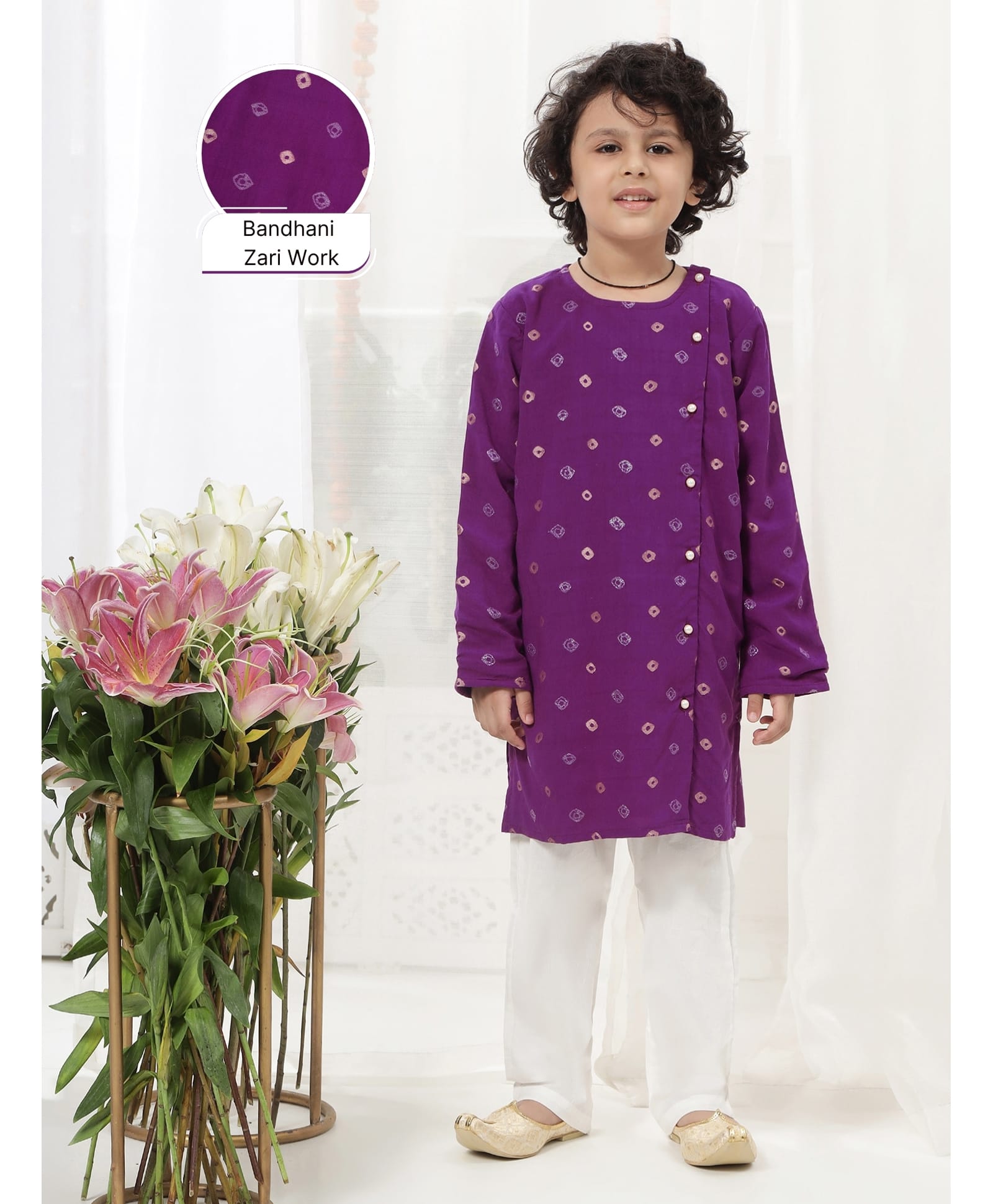 Little Bansi Pure Cotton Woven Full Sleeves Bandhani Embroidered Kurta & Pyjama Set - Purple-picture-9