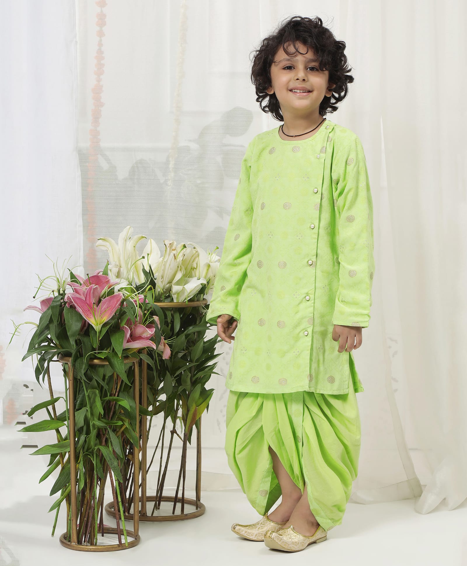 Little Bansi Pure Cotton Woven Full Sleeves Abstract Embroidered Kurta & Dhoti Set - Green-image-34
