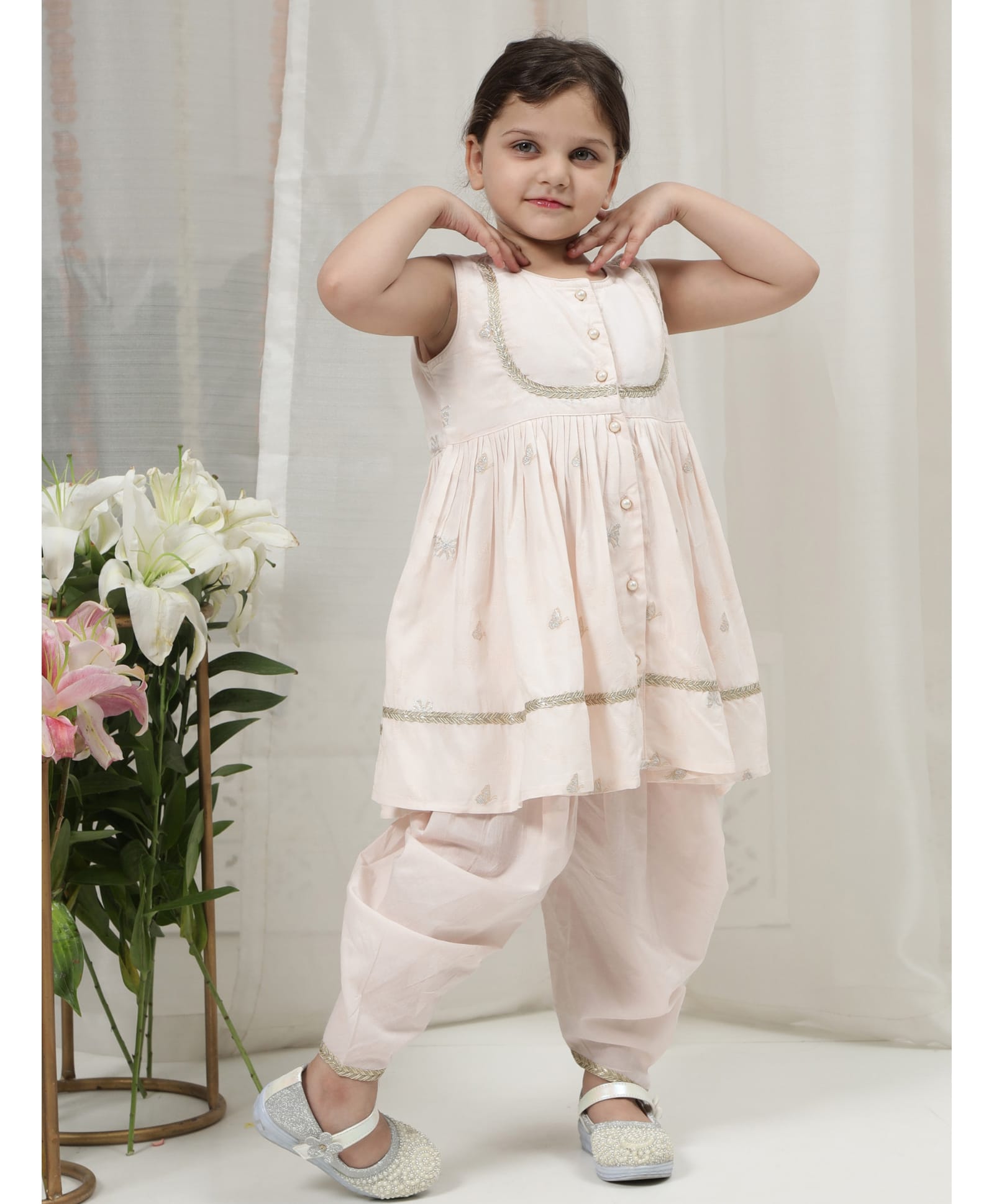 Little Bansi Pure Cotton Woven Sleeveless Butterfly Embroidered Kurti & Salwar Set - Baby Pink-picture-9