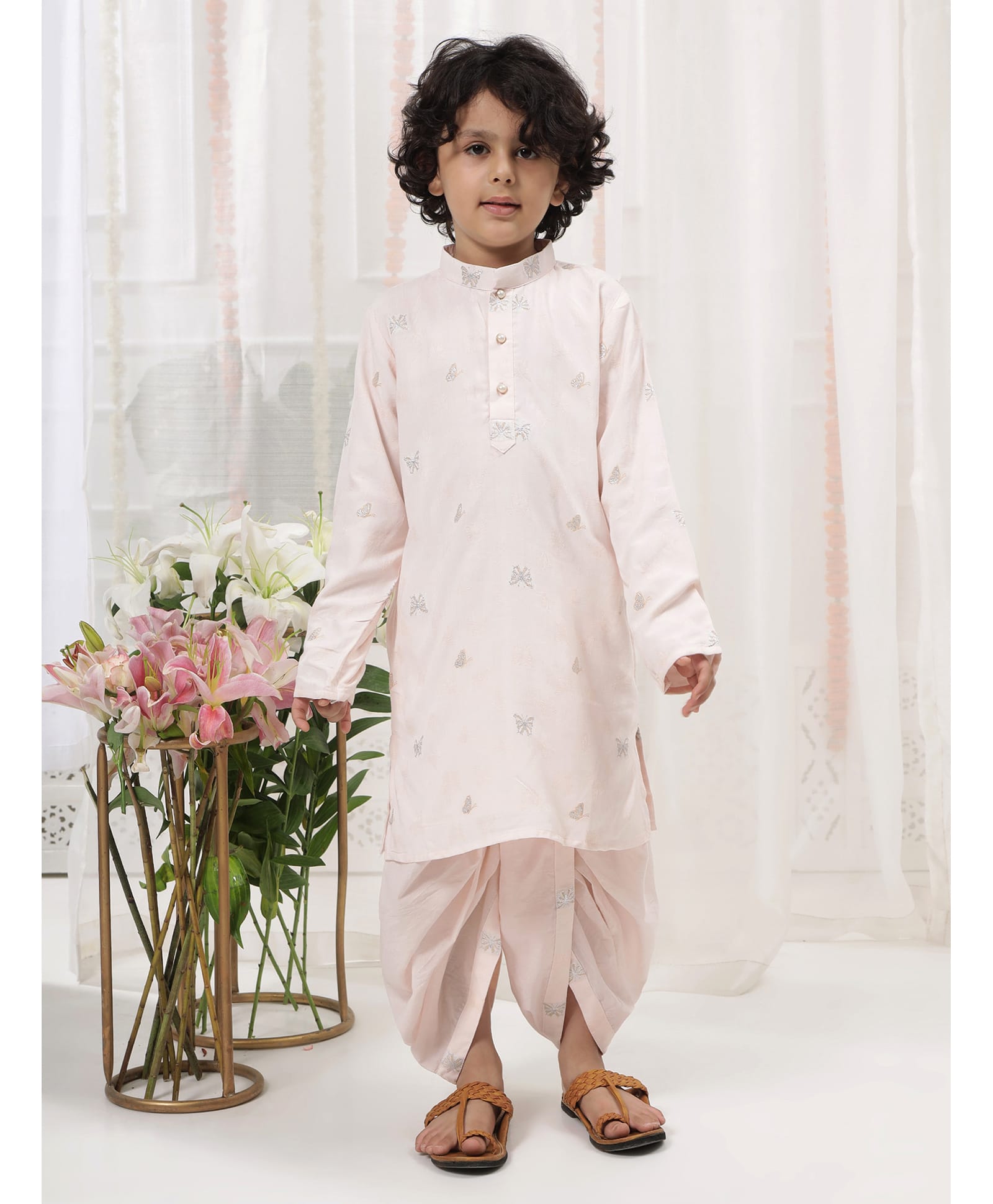 Little Bansi Pure Cotton Woven Full Sleeves Butterfly Embroidered Kurta & Dhoti Set - Baby Pink-picture-37
