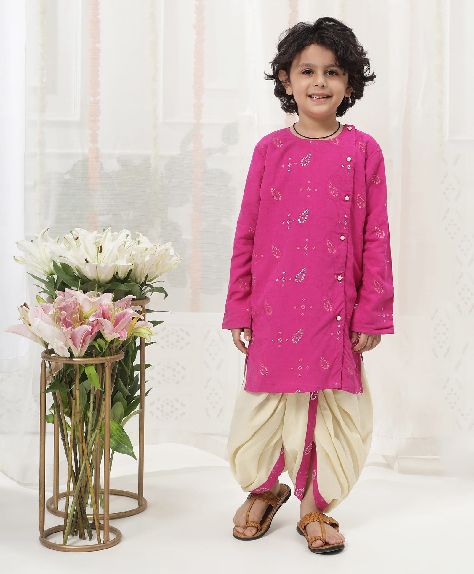 Little Bansi Pure Cotton Woven Full Sleeves Leaves Embroidered Kurta & Dhoti Set - Hot Pink-picture-5