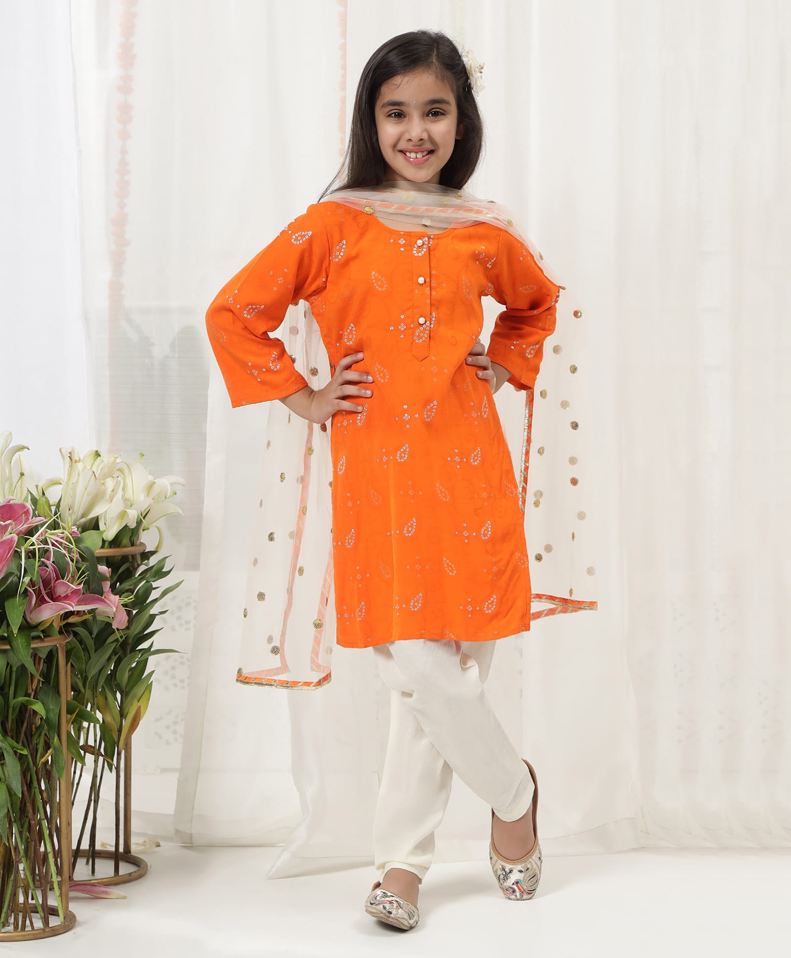 Little Bansi Pure Cotton Woven Three Fourth Sleeves Leaves Embroidered Kurti & Pyjama With Dupatta Set - Orange-picture-45