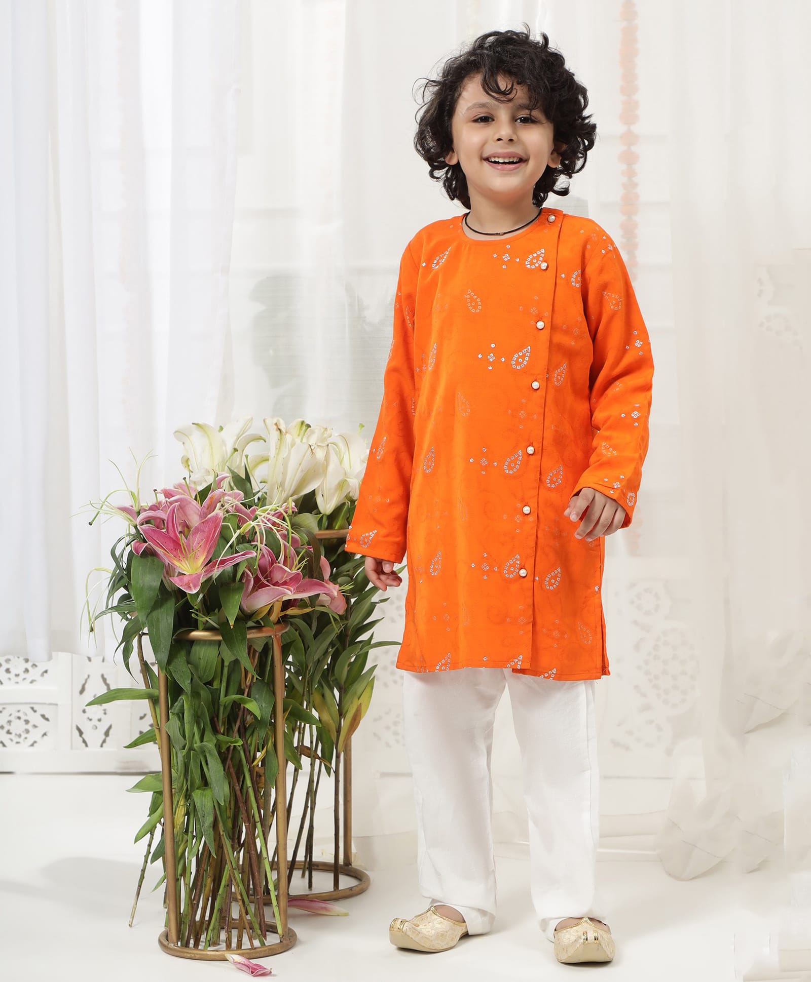 Little Bansi Pure Cotton Woven Full Sleeves Leaves Embroidered Kurta & Pyjama Set - Orange-image-27