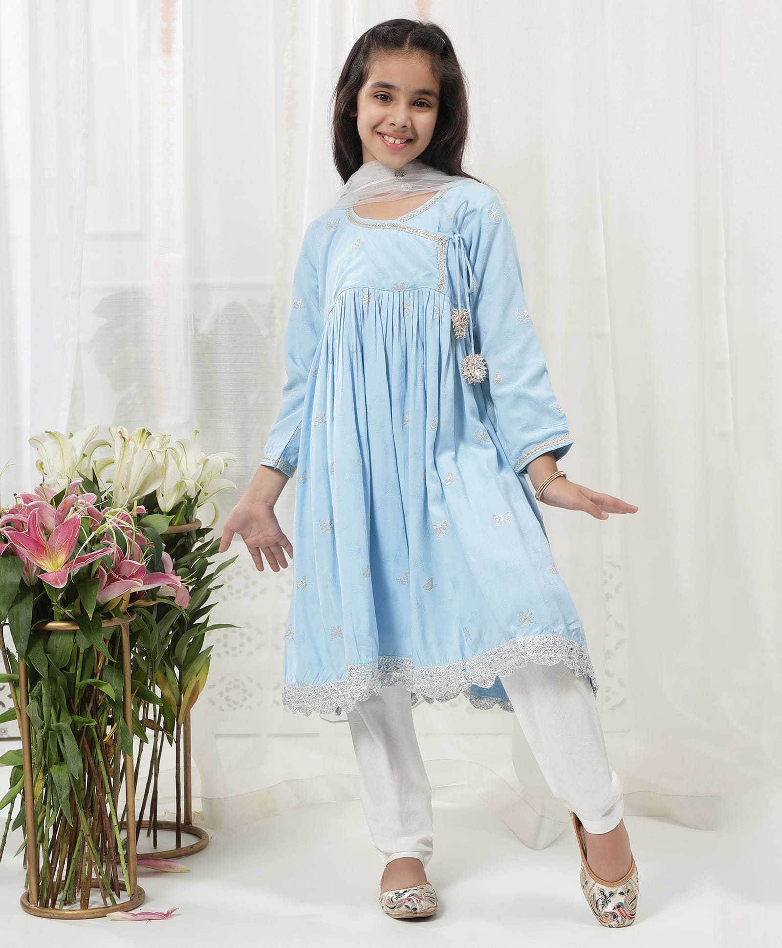Little Bansi Pure Cotton Woven Three Fourth Sleeves Butterfly Embroidered Angrakha Style Kurti & Pyjama With Dupatta Set - Blue-picture-31