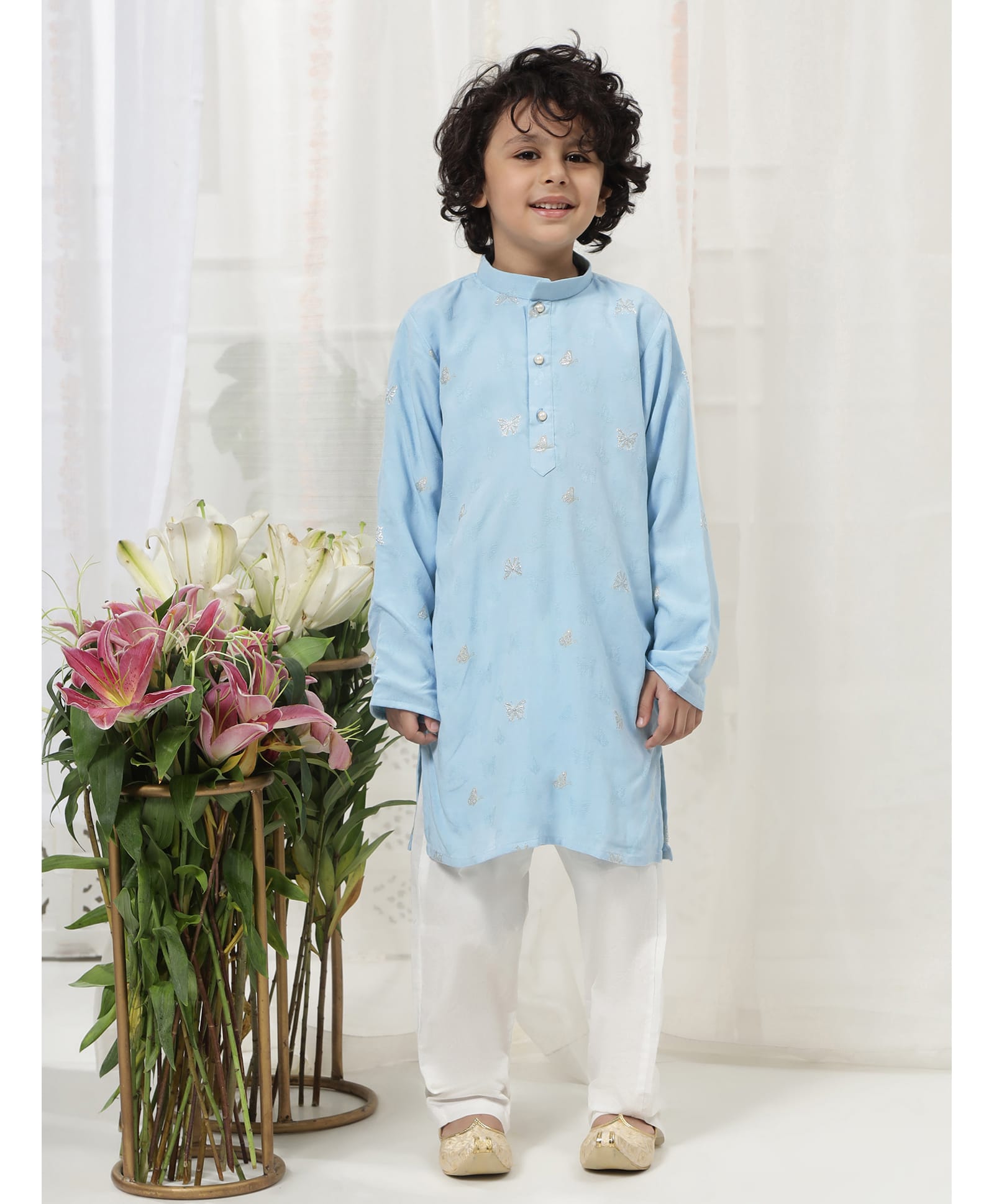 Little Bansi Pure Cotton Woven Full Sleeves Butterfly Embroidered Kurta & Pyjama Set - Blue-picture-18